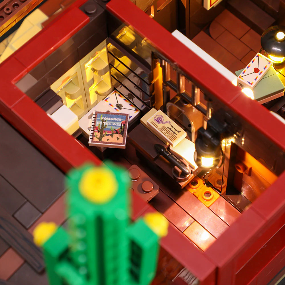 Lumibricks (Formerly Funwhole) F9044 Old West Post Office interior with lit desk, Romance of the West book, and post office details