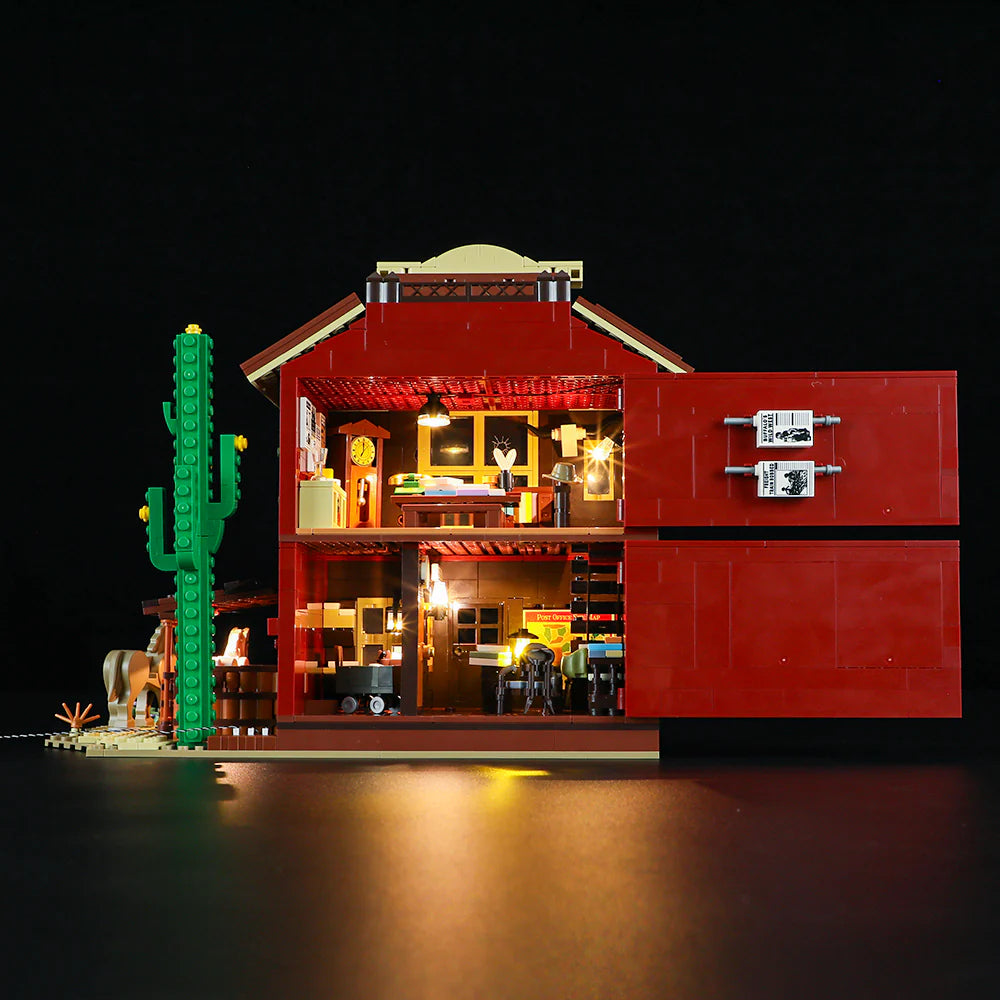 Lumibricks (Formerly Funwhole) F9044 Old West Post Office interior with modular rooms, illuminated details, and wanted posters