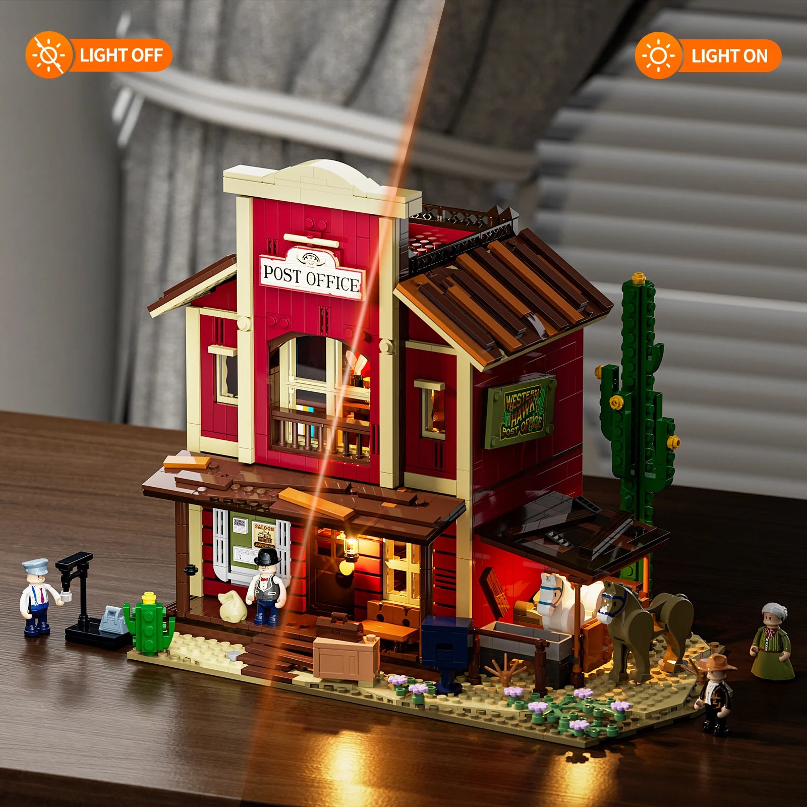 Lumibricks (Formerly Funwhole) F9044 Old West Post Office modular building with LED lights on and off, minifigures, horses, and cactus