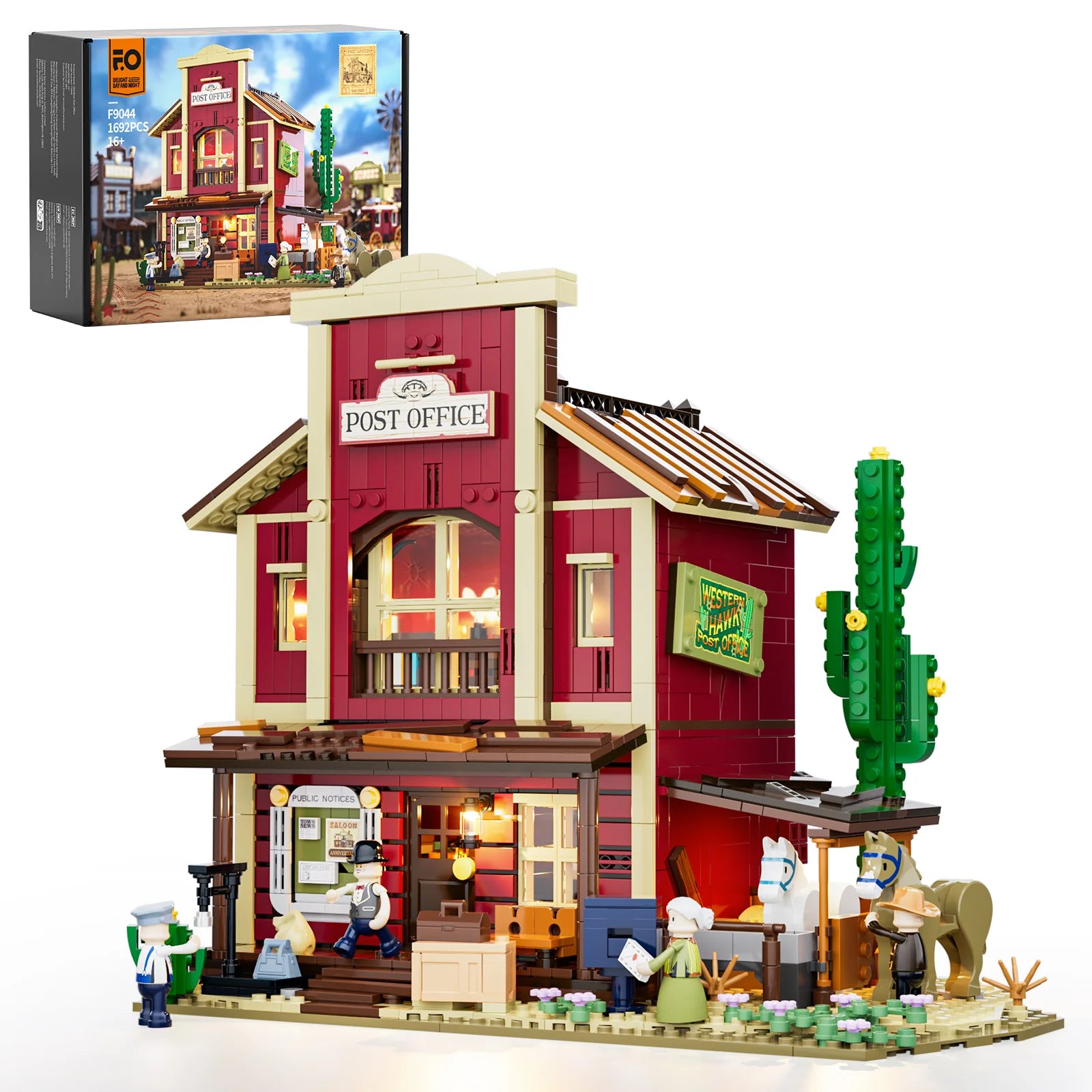 Lumibricks (Formerly Funwhole) F9044 Old West Post Office modular building set with minifigures, horses, and detailed facade