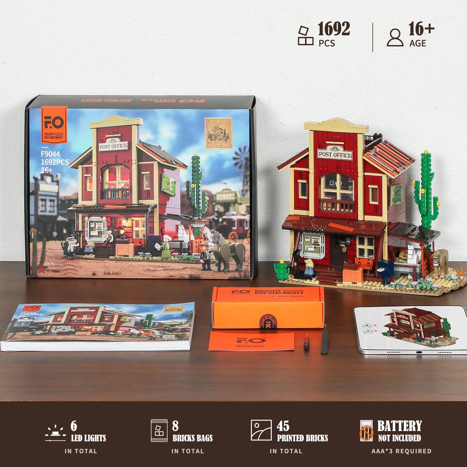 Lumibricks (Formerly Funwhole) F9044 Old West Post Office set with box, modular building, 1692 pieces, 6 LED lights, and accessories