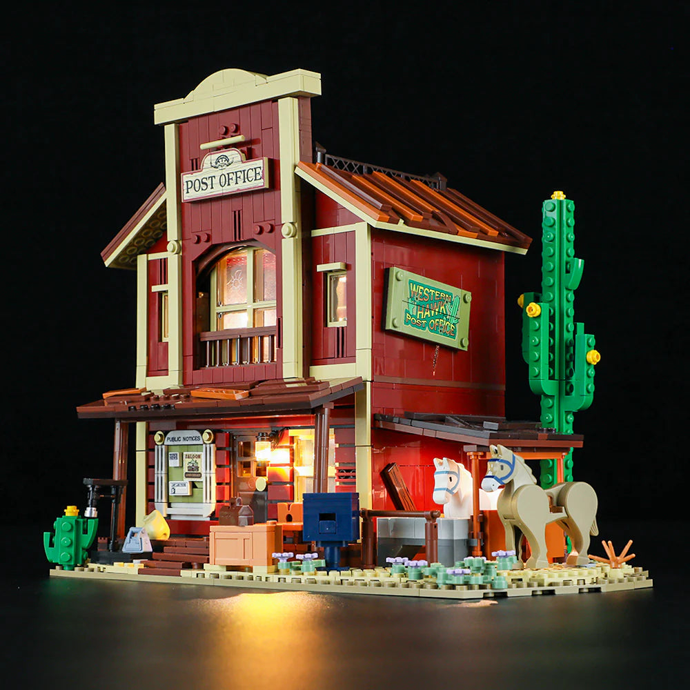 Lumibricks (Formerly Funwhole) F9044 Old West Post Office side view with LED lights, horses, stable, and Western signage