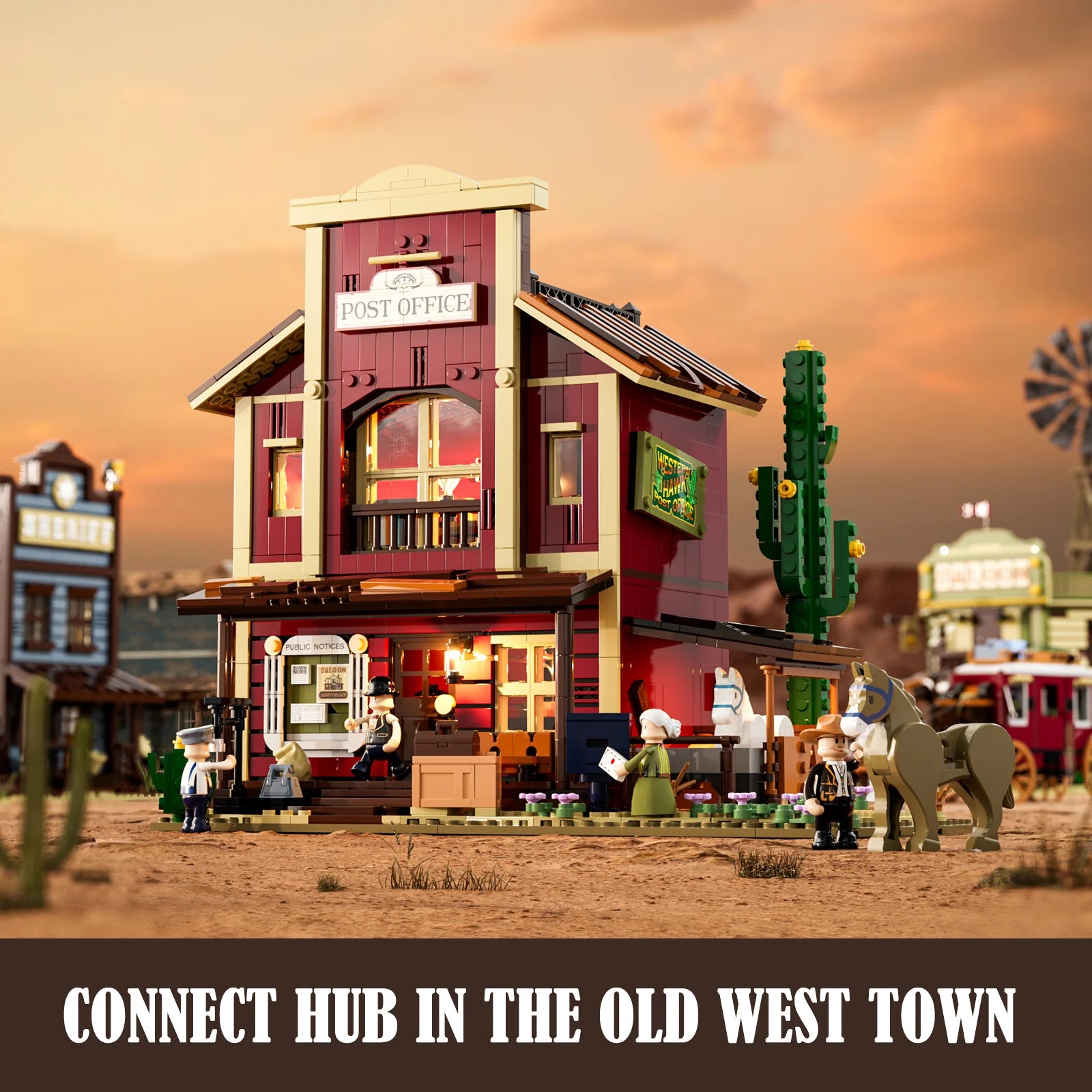 Lumibricks (Formerly Funwhole) F9044 Old West Post Office as town hub, with minifigures, horses, and sunset western backdrop