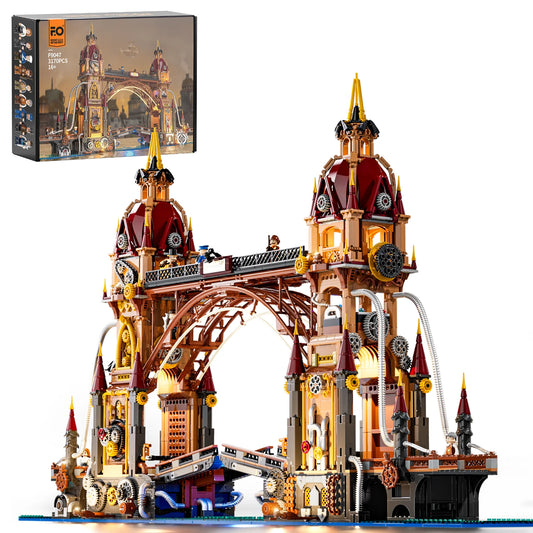 Lumibricks F9047 Steampunk City Bridge box set with detailed Victorian bridge, ornate towers, and mechanical gears in daylight