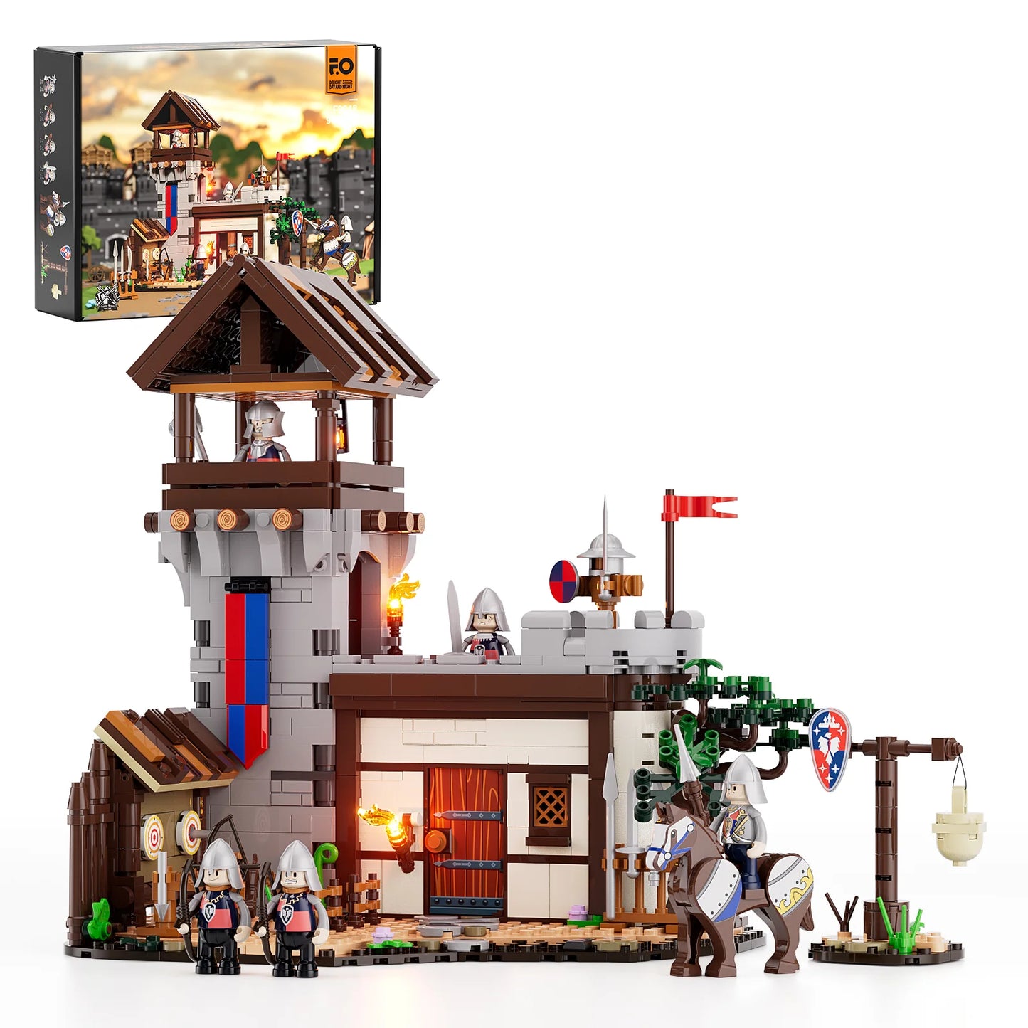 Lumibricks F9048 Training Ground box set with modular medieval castle training ground, knights, archery range, and jousting horse