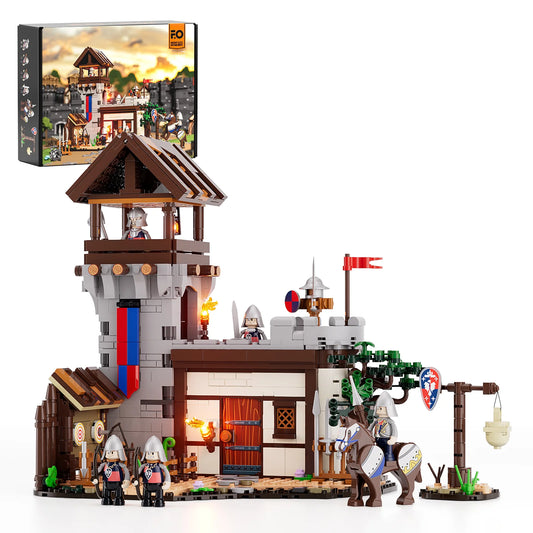 Lumibricks F9048 Training Ground box set with modular medieval castle training ground, knights, archery range, and jousting horse