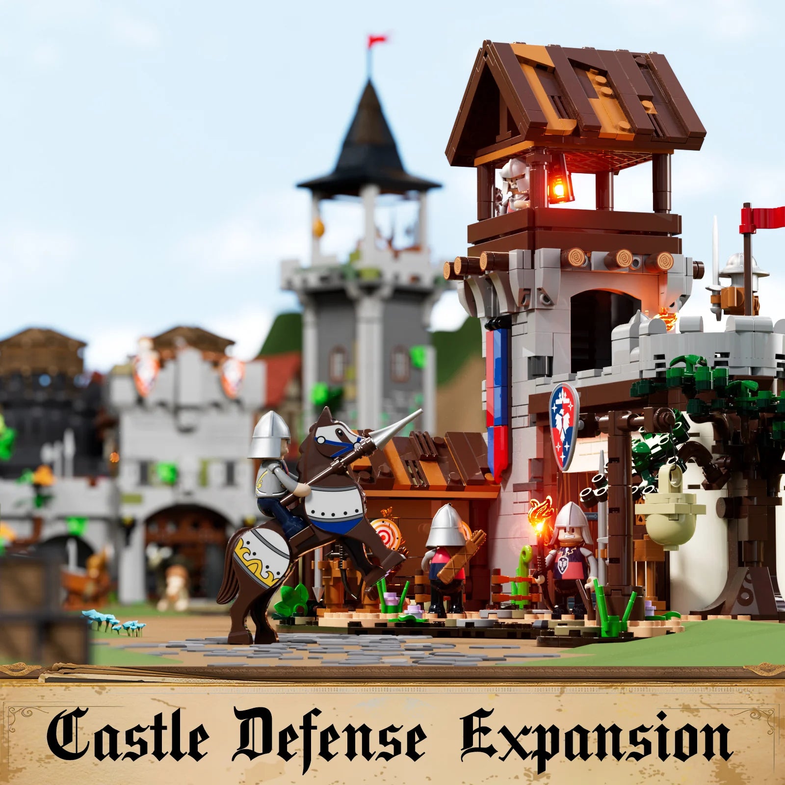Lumibricks F9048 Training Ground castle defense expansion with armored knight on horse, illuminated tower, and medieval scenery