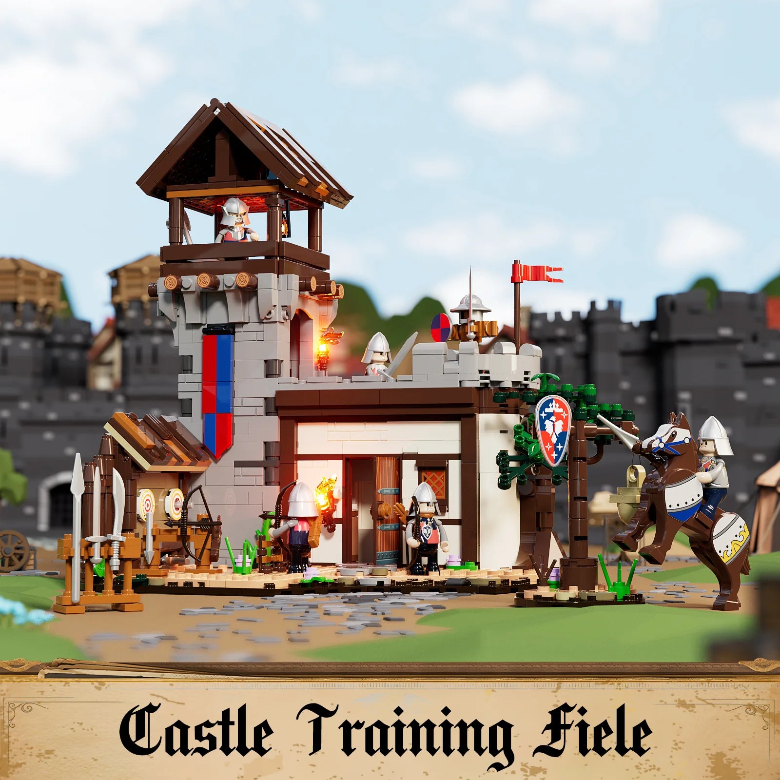 Lumibricks F9048 Training Ground castle training field with knights, archery targets, jousting horse, and medieval tower