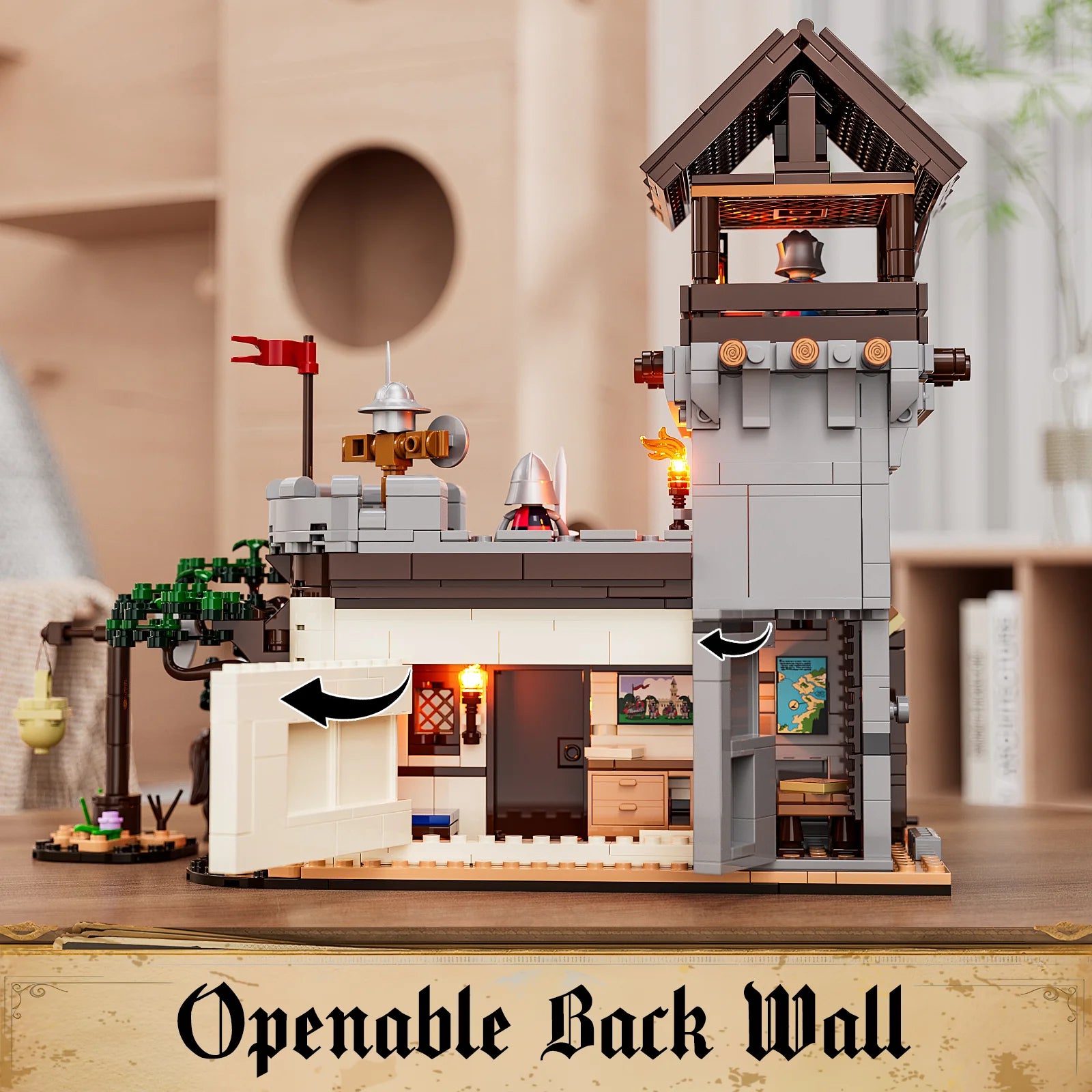 Lumibricks F9048 Training Ground openable back wall revealing detailed medieval interior, training equipment, and lit torches