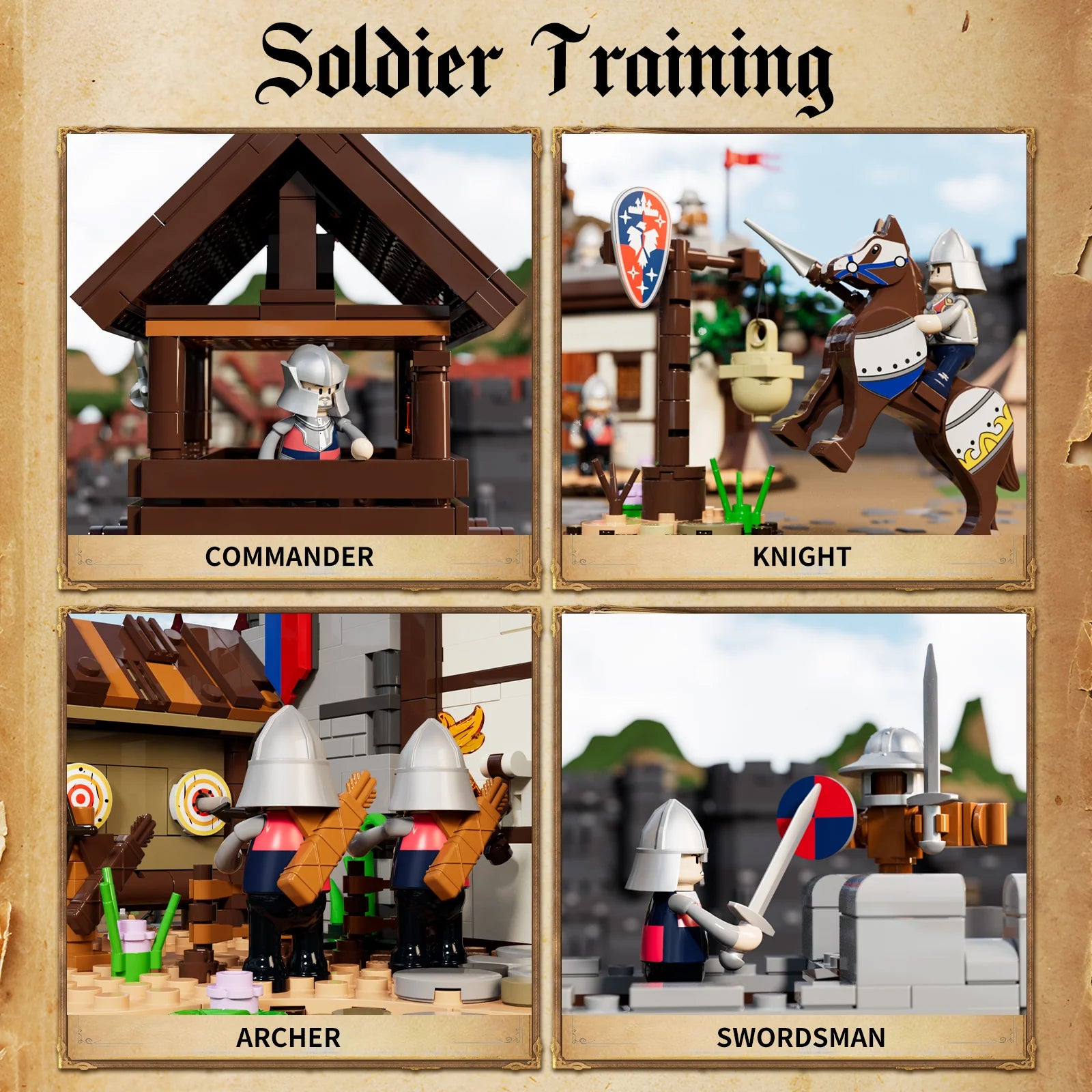 Lumibricks F9048 Training Ground soldier training roles showing commander, knight, archer, and swordsman minifigures