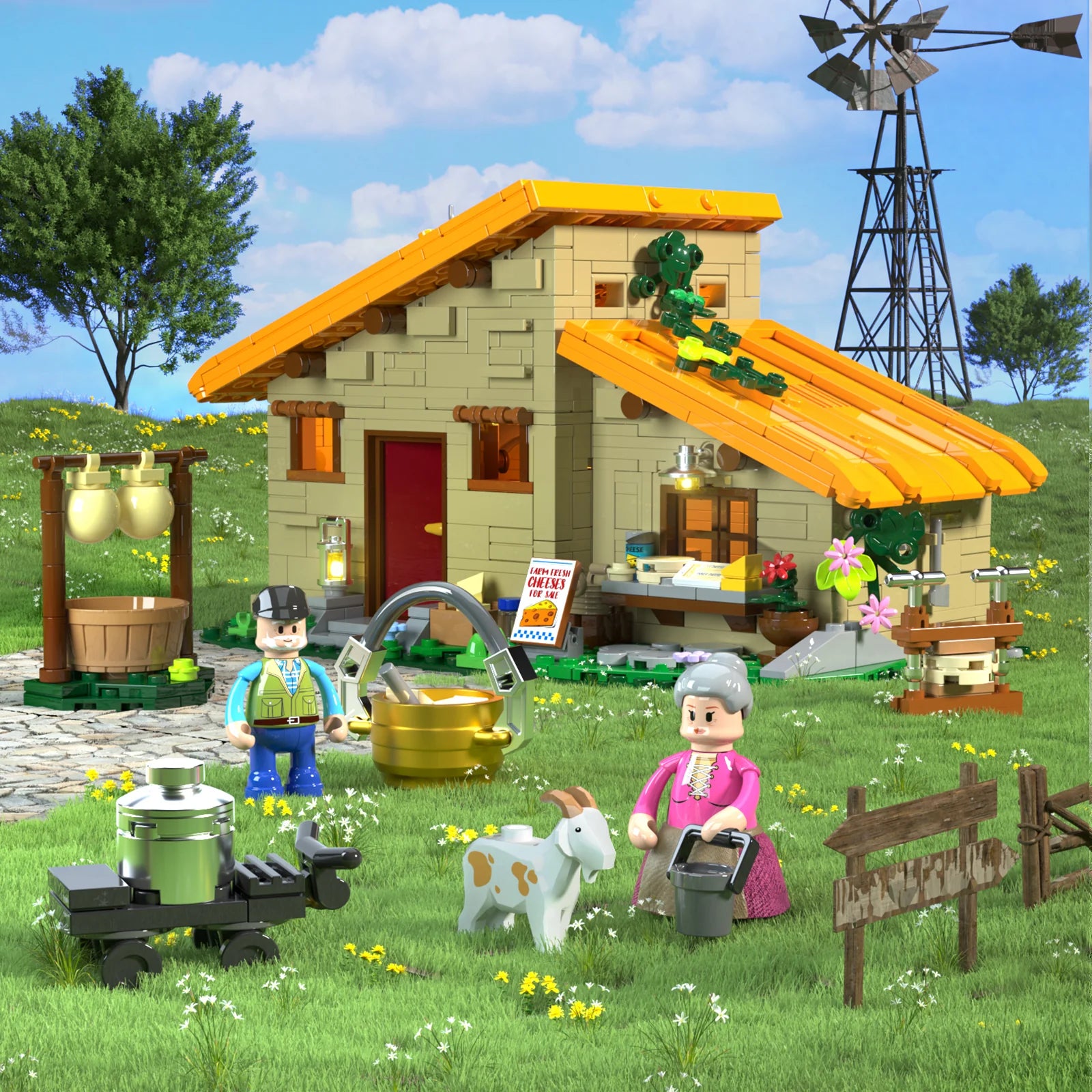Lumibricks (Formerly Funwhole) F9049 Farm Cheese House in countryside with farmhouse, minifigures, goat, cheese-making accessories, and windmill