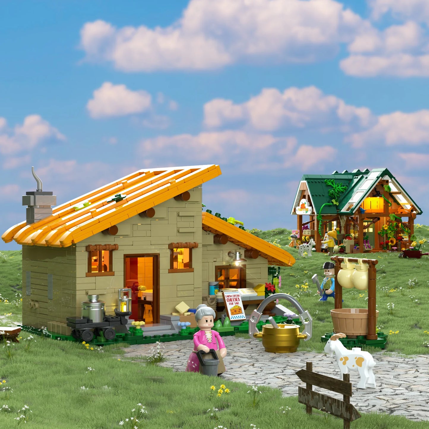 Lumibricks (Formerly Funwhole) F9049 Farm Cheese House in countryside with farmhouse, minifigures, goat, cheese-making accessories, and windmill