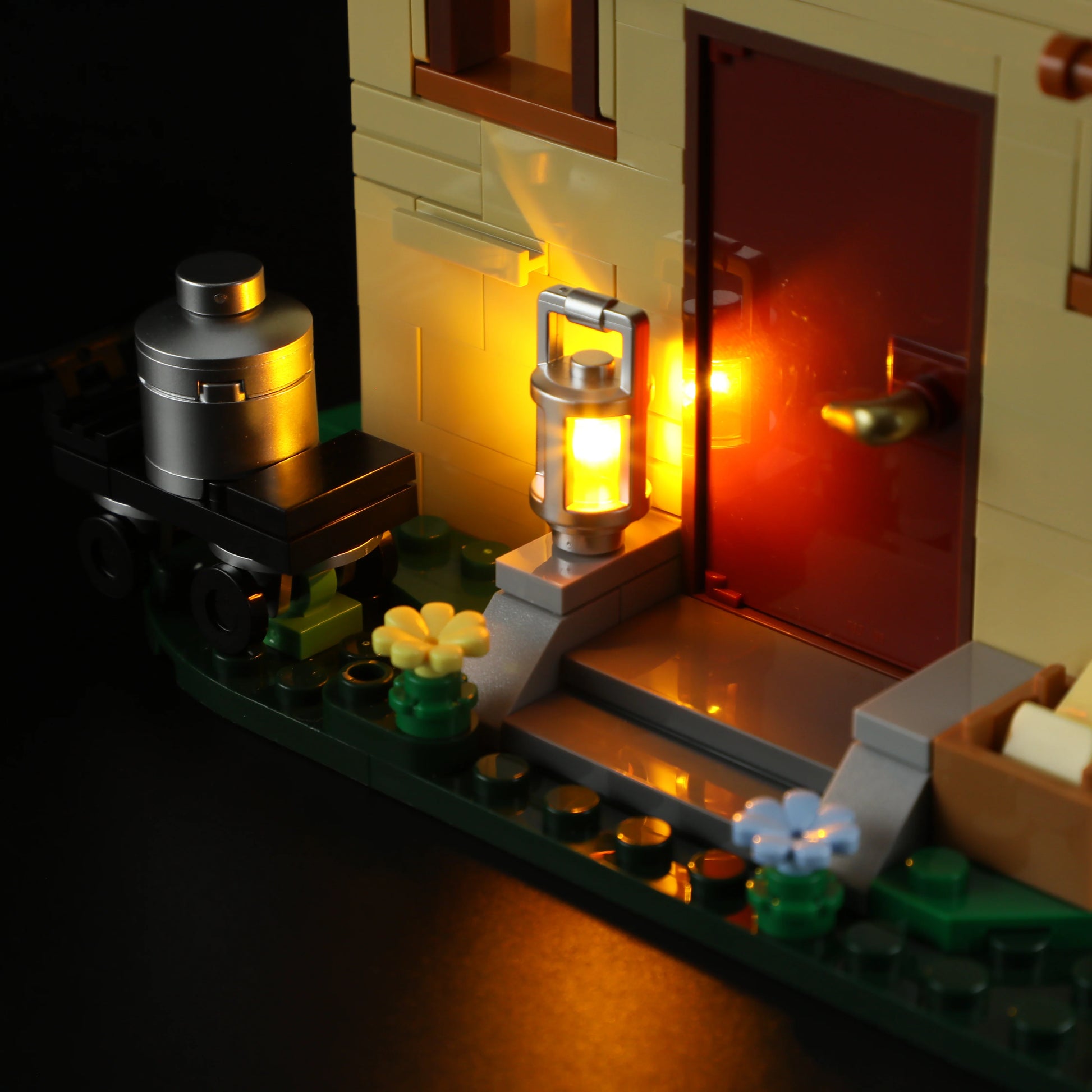 Lumibricks (Formerly Funwhole) F9049 Farm Cheese House close-up of front door with glowing lantern, milk cart, and flower details