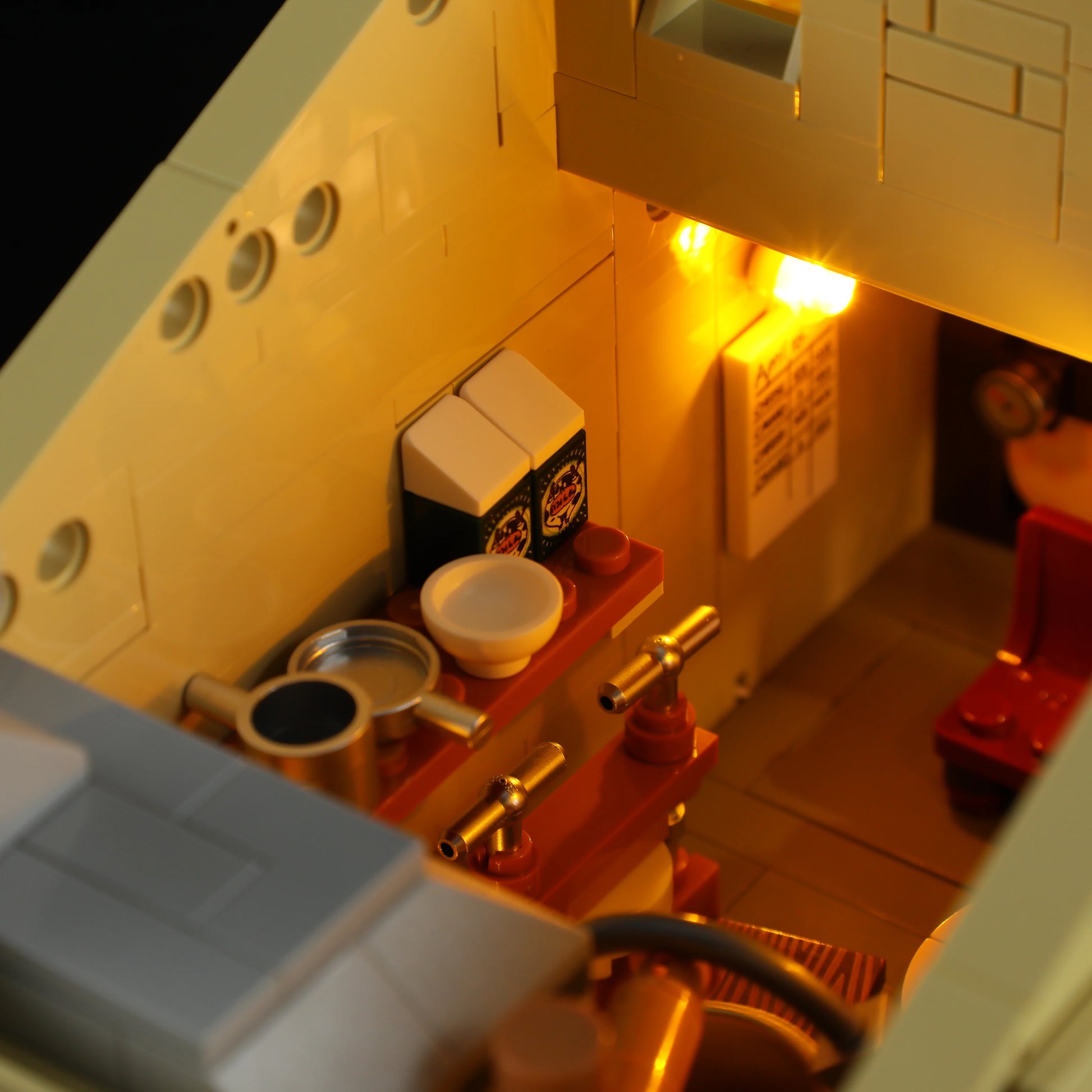 Lumibricks (Formerly Funwhole) F9049 Farm Cheese House kitchen shelves with bowls, bottles, and warm LED lighting