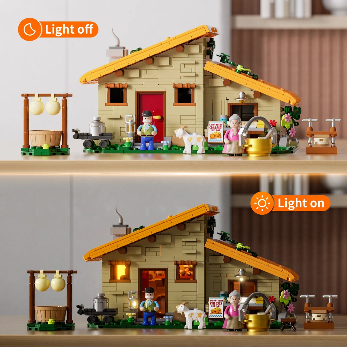 Lumibricks (Formerly Funwhole) F9049 Farm Cheese House with LED lights on and off, illuminated windows, and minifigures