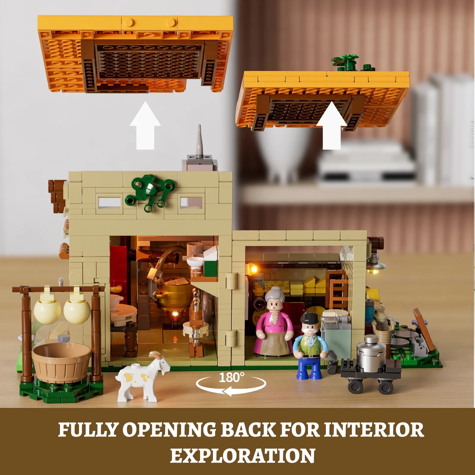 Lumibricks (Formerly Funwhole) F9049 Farm Cheese House with opening back, removable roof, minifigures, and goat