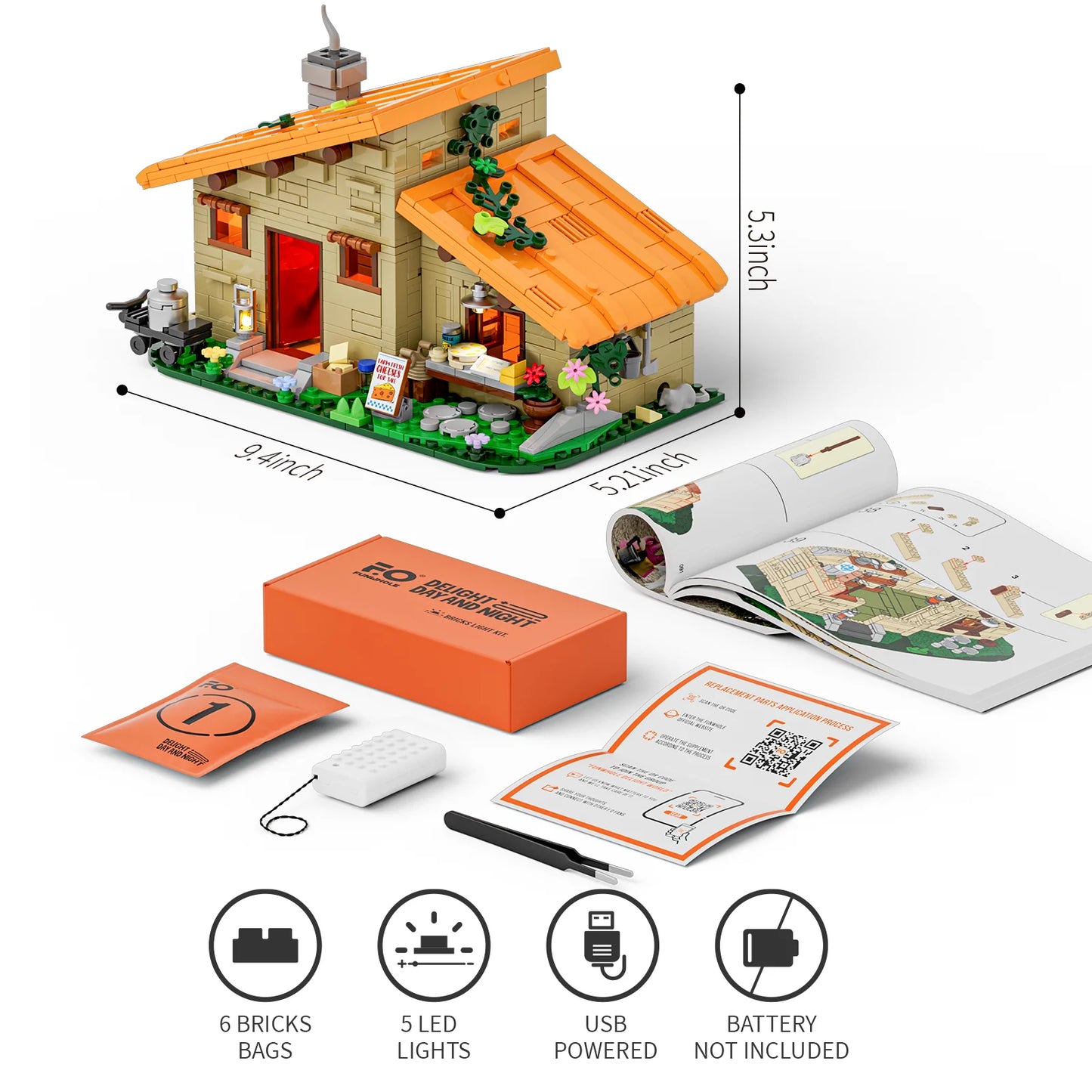 Lumibricks (Formerly Funwhole) F9049 Farm Cheese House set with model, 6 brick bags, 5 LED lights, USB kit, tools, and instructions