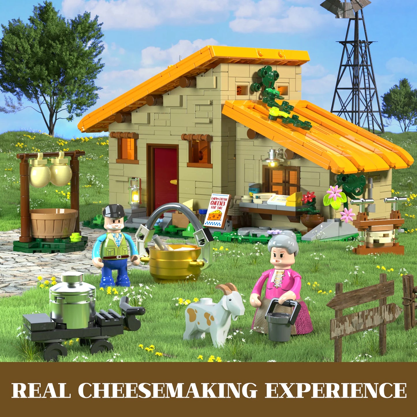 Lumibricks F9049 Farm Cheese House with farmhouse, minifigures, goat, cheese-making tools, and “Real Cheesemaking Experience” text