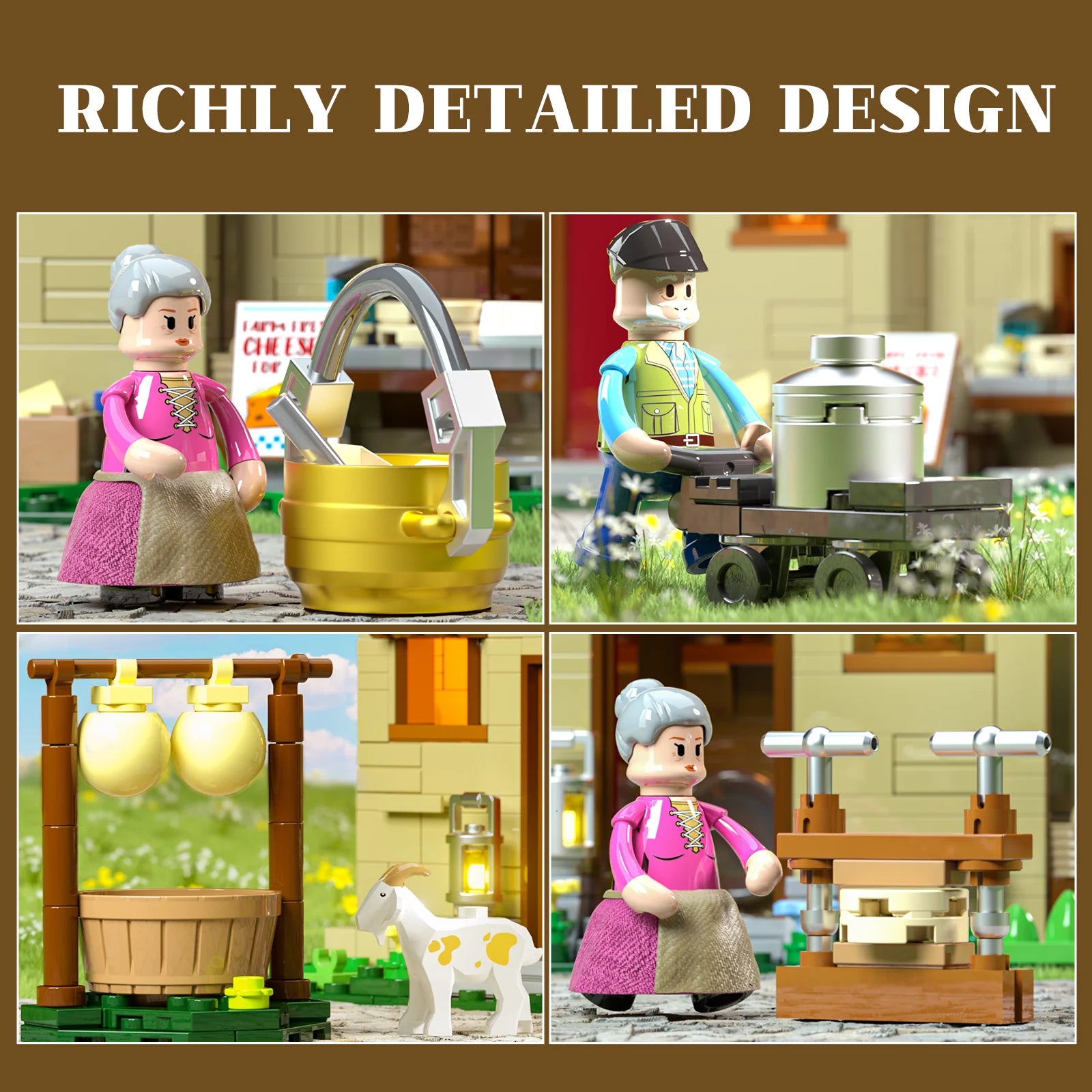 Lumibricks (Formerly Funwhole) F9049 Farm Cheese House with cheese vat, milk cart, goat, and cheese press