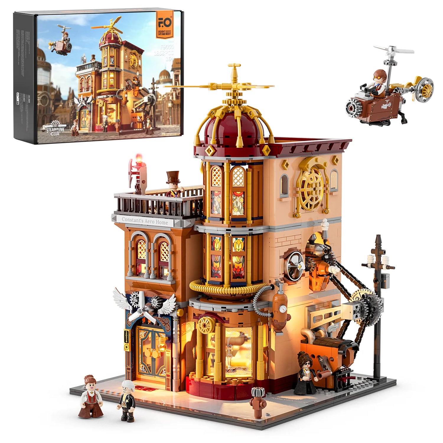 Lumibricks F9050 Steampunk Flying Club box set with modular Victorian flying club, rooftop propeller, flying machine, and minifigures in daylight