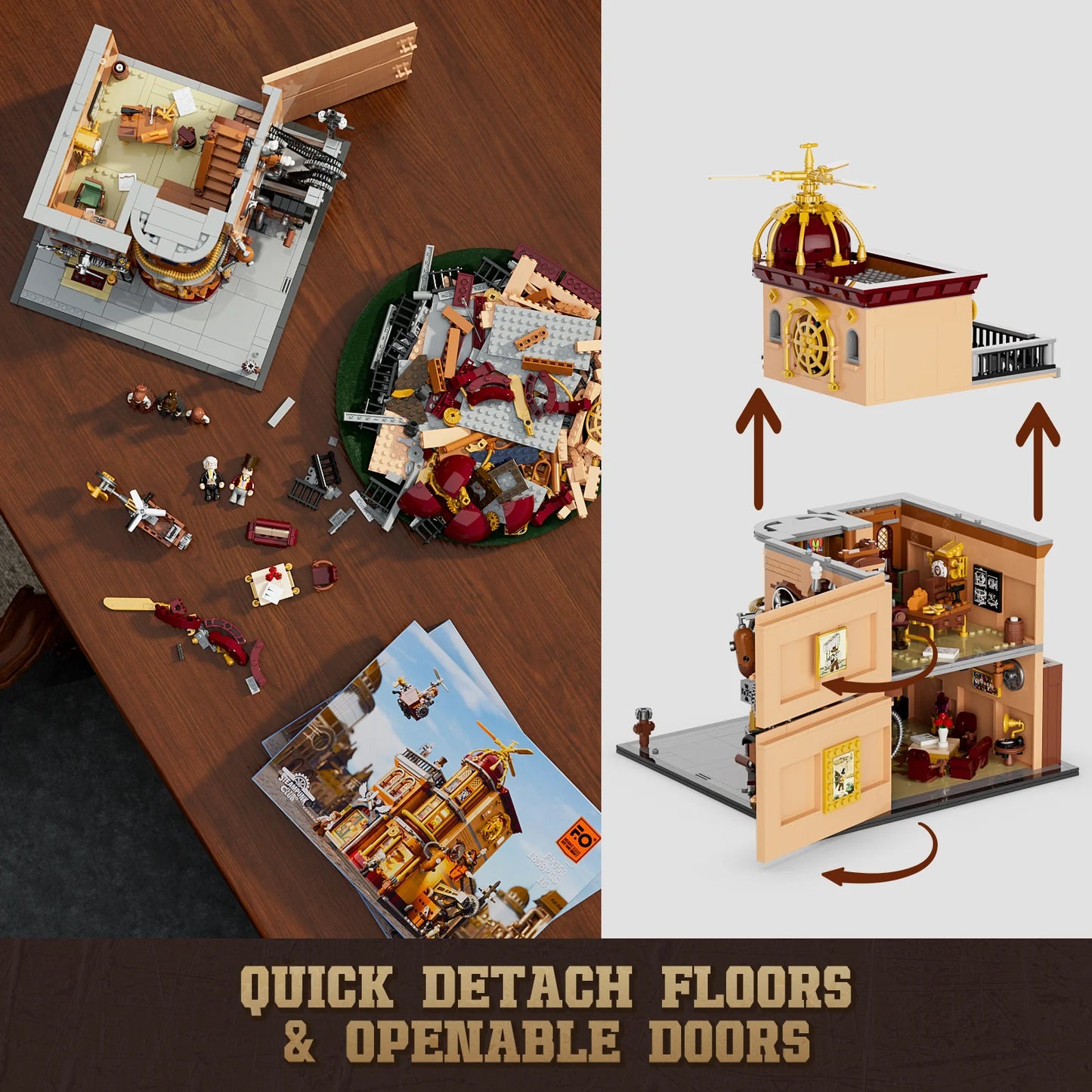 Lumibricks F9050 Steampunk Flying Club with quick detach floors, openable doors, and modular assembly parts on table
