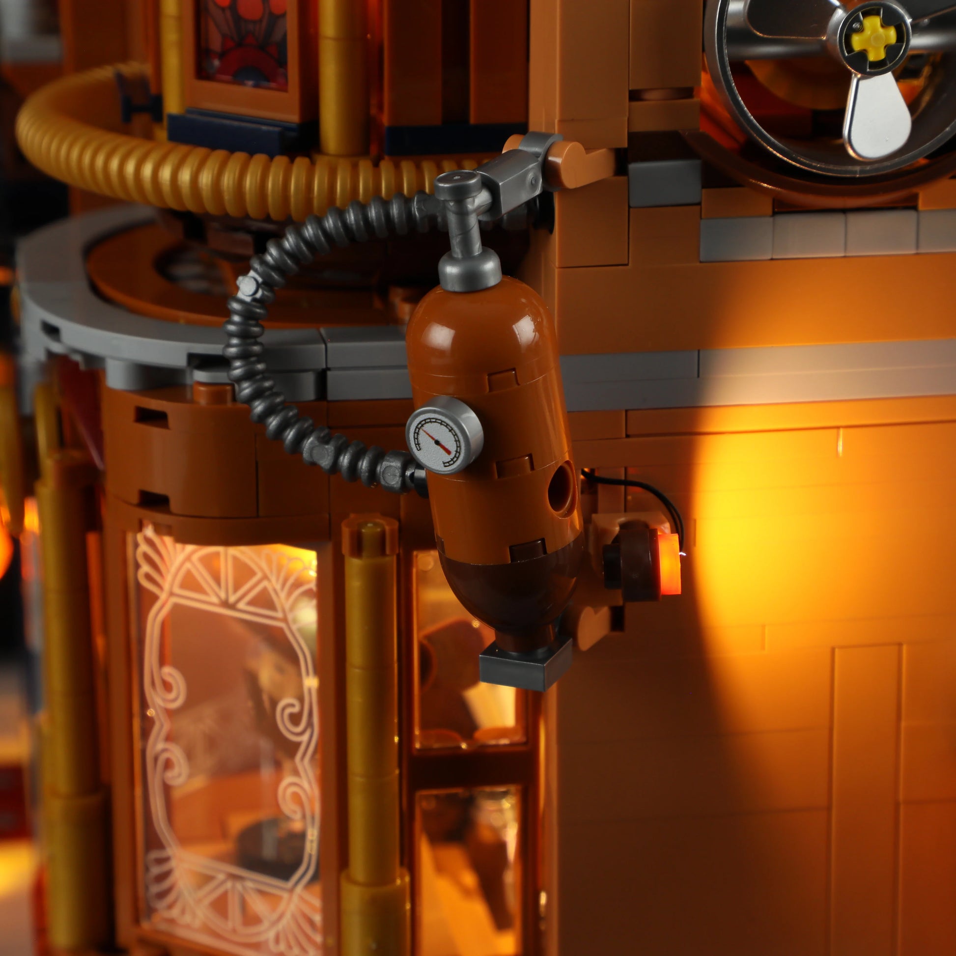 Lumibricks F9050 Steampunk Flying Club exterior detail with illuminated gas cylinder, flexible hose, and decorative window