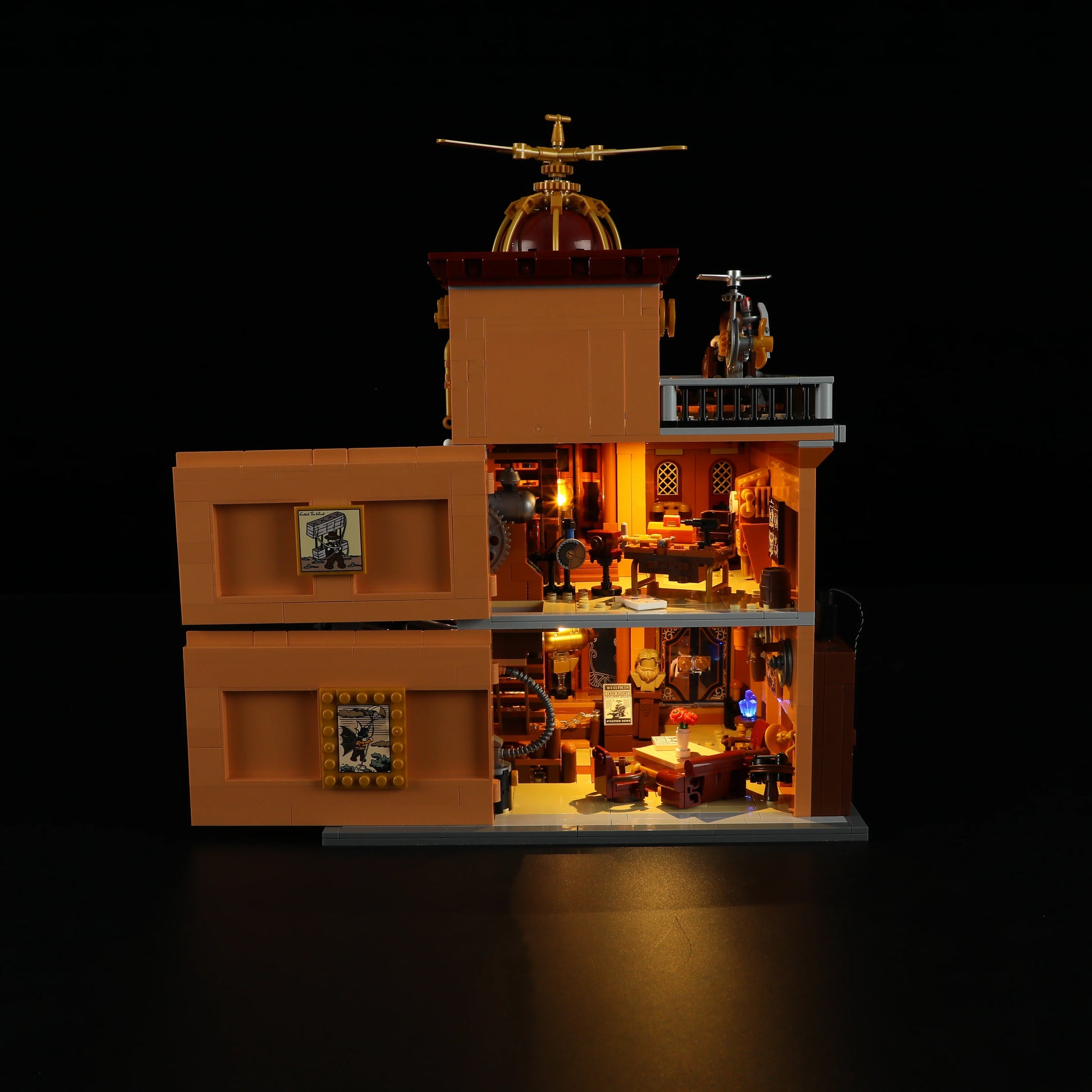 Lumibricks F9050 Steampunk Flying Club interior cutaway showing two floors, inventor’s workshop, steampunk furniture, and glowing LED lights