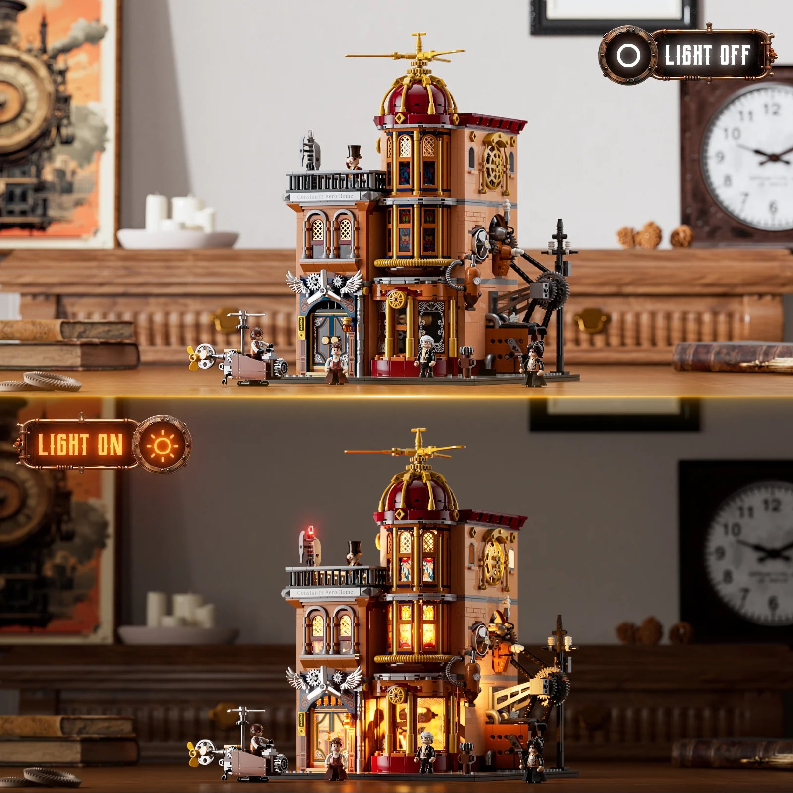 Lumibricks F9050 Steampunk Flying Club modular building with lights off and on, illuminated windows, gears, and minifigures