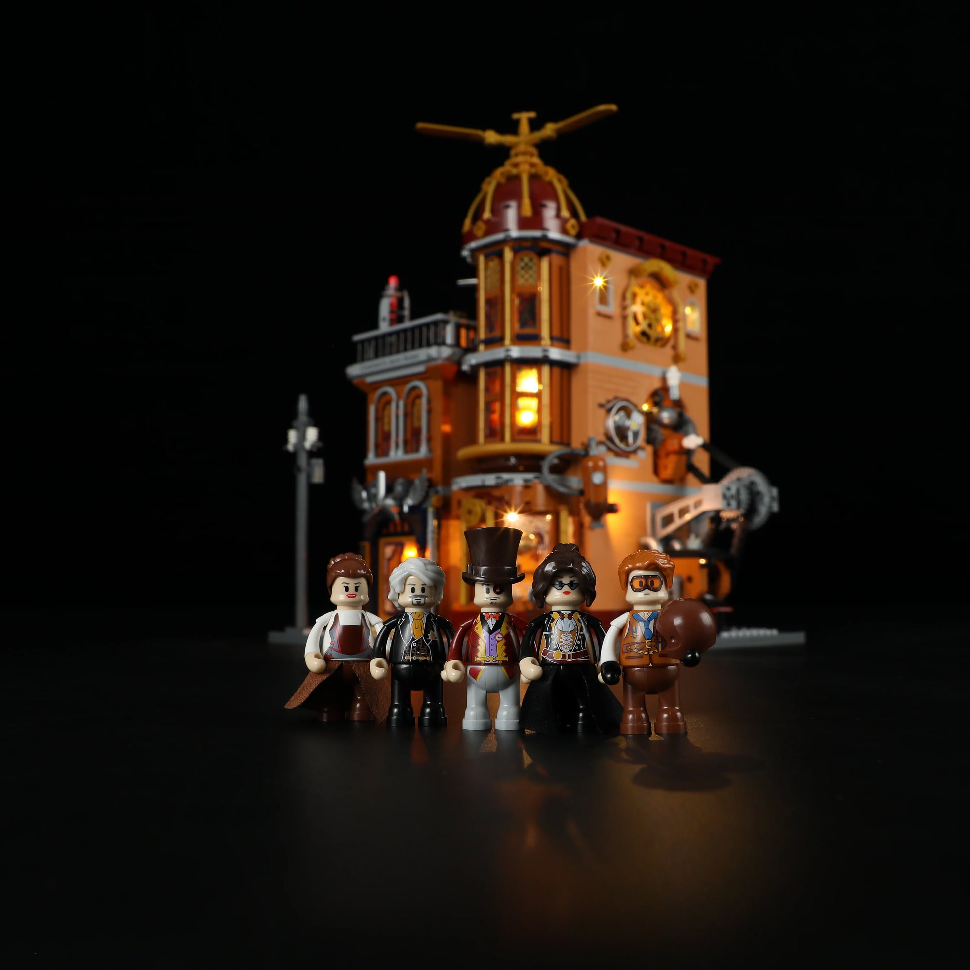 Lumibricks F9050 Steampunk Flying Club with five steampunk minifigures posed in front, illuminated modular building in background