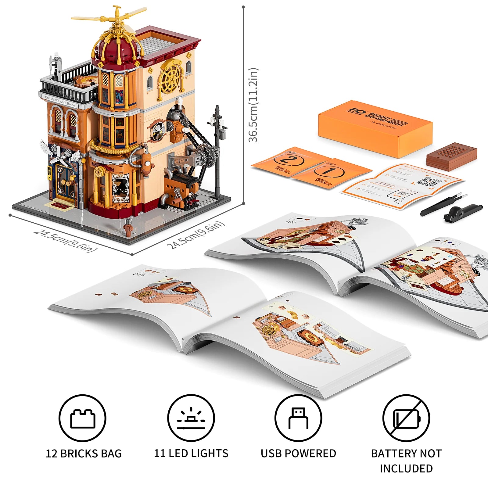 Lumibricks F9050 Steampunk Flying Club package contents with assembled set, 12 brick bags, 11 LED lights, USB kit, manuals, and set dimensions
