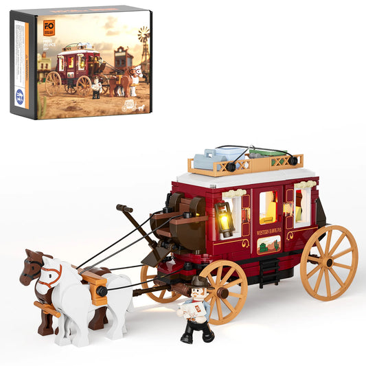 Lumibricks (Formerly Funwhole) F9052 Western Stagecoach set with box, classic red stagecoach, horses, minifigure, and illuminated lanterns