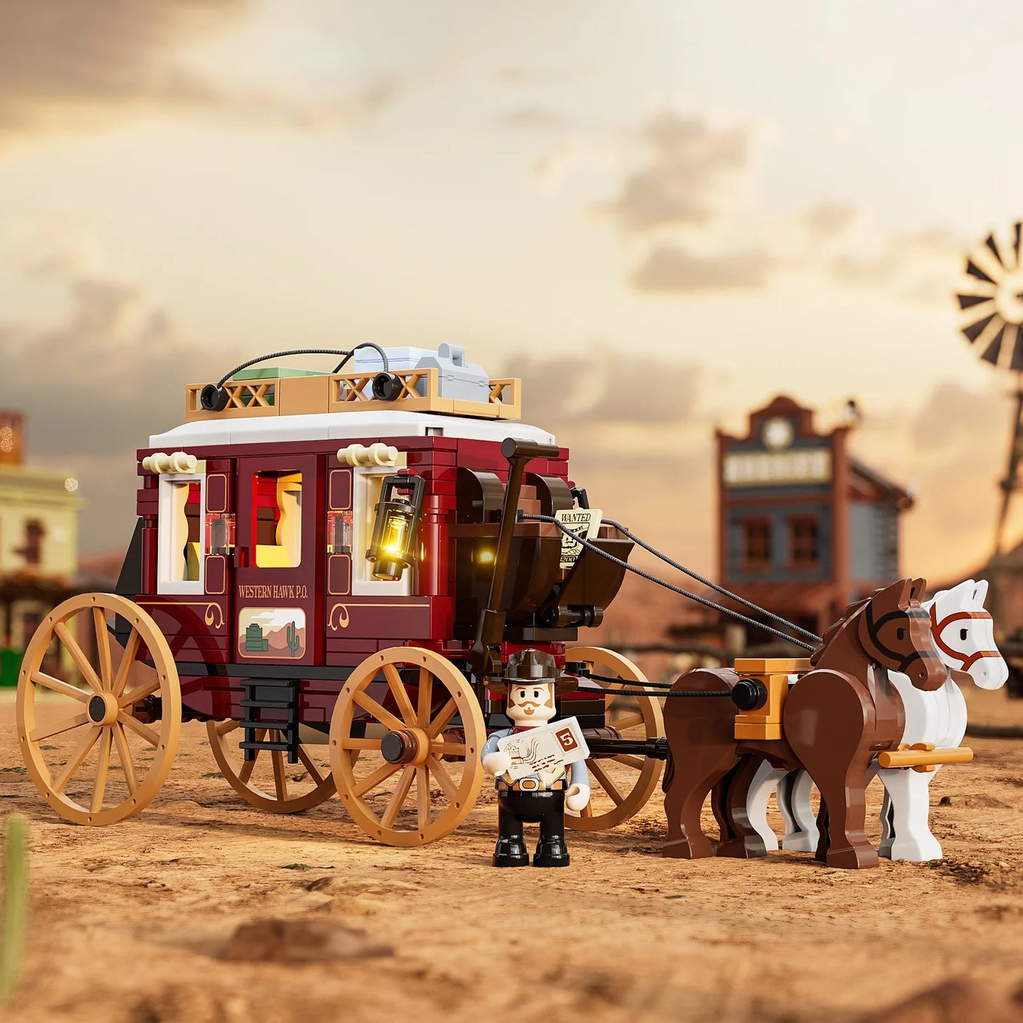 Lumibricks F9052 Western Stagecoach in Western desert setting at sunset with horses, minifigure, and illuminated coach details