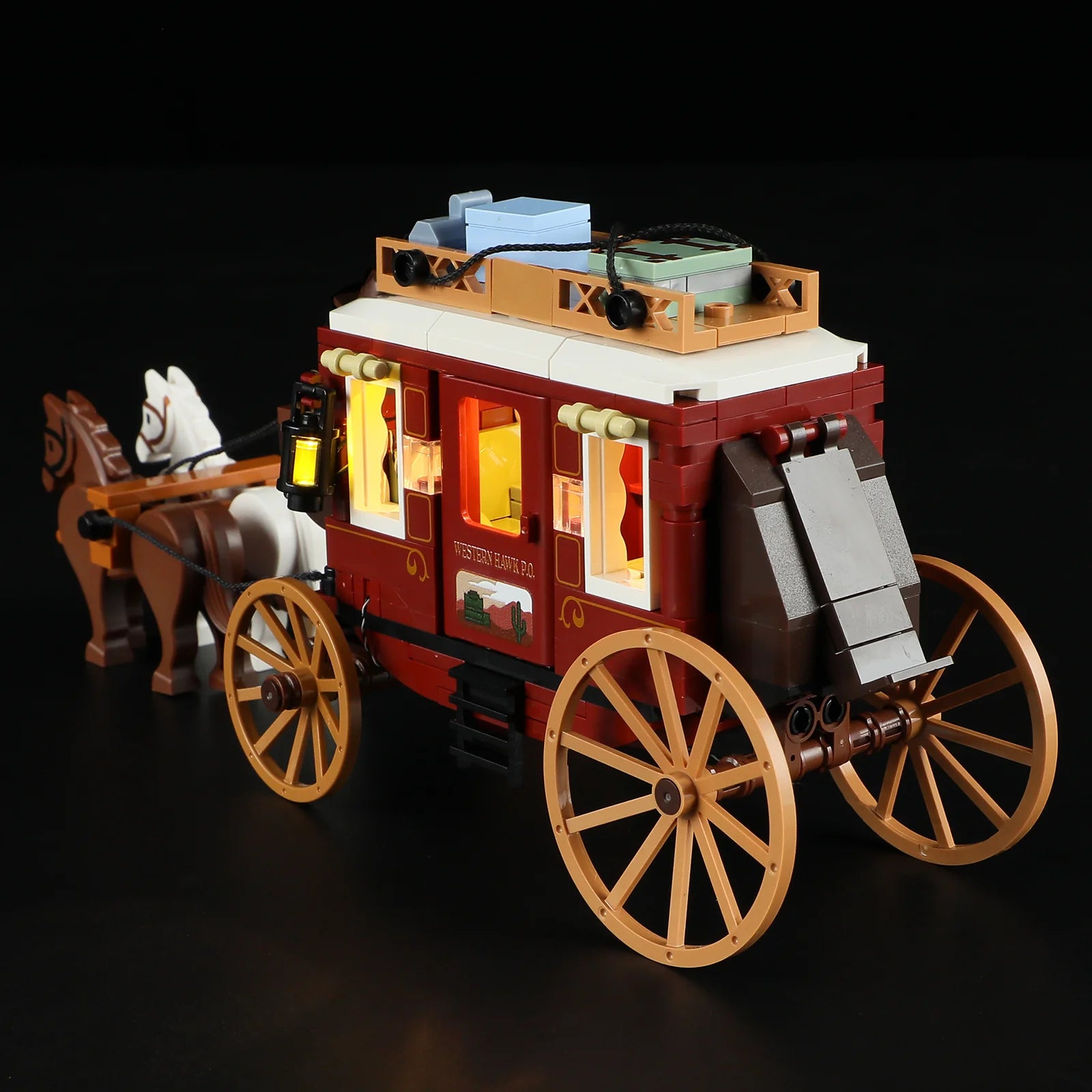 Lumibricks F9052 Western Stagecoach close-up of illuminated lantern, cowboy minifigure driver, and detailed coach seat