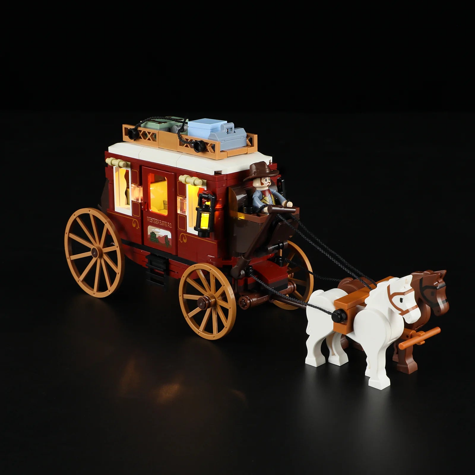 Lumibricks F9052 Western Stagecoach rear view with rooftop luggage, glowing lantern, and classic Western detailing