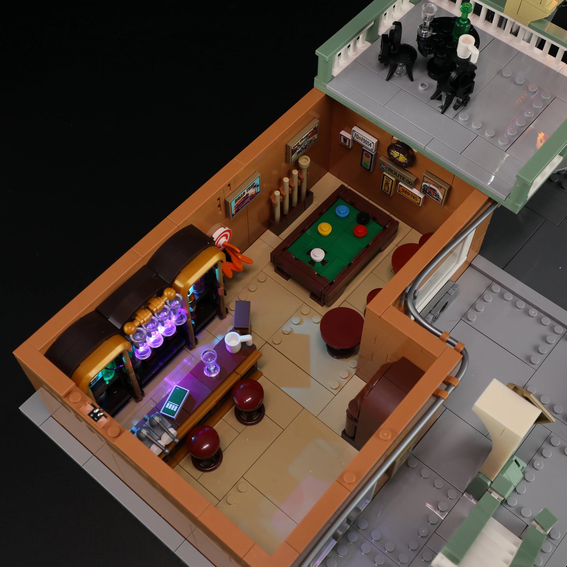 Lumibricks (Formerly Funwhole) F9054 Twilight Motel bar and pool table room with LED lighting, stools, and wall art