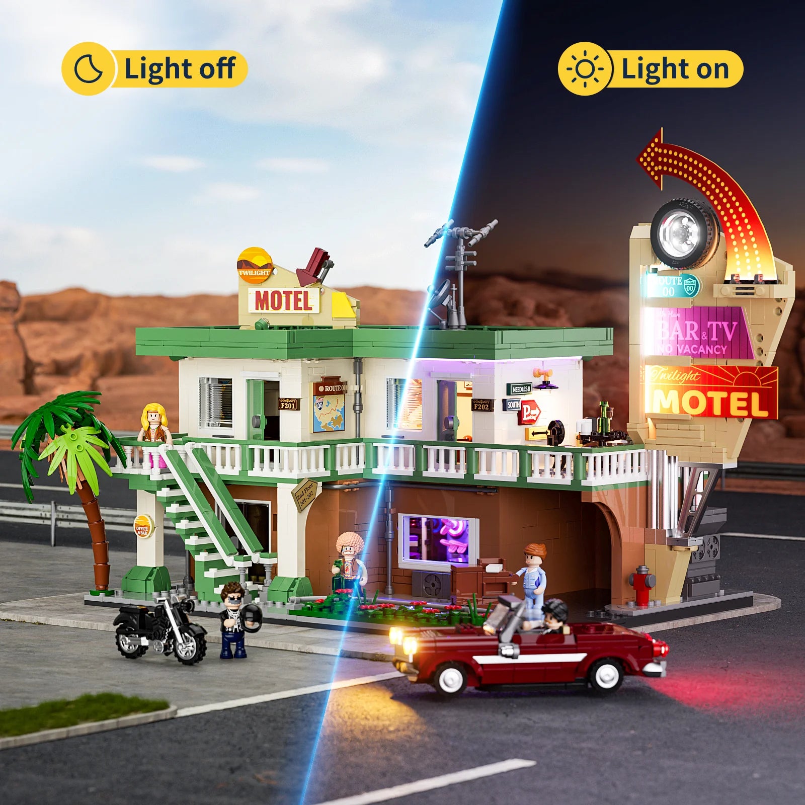 Lumibricks (Formerly Funwhole) F9054 Twilight Motel modular building with LED lights on and off, retro sign, minifigures, and car