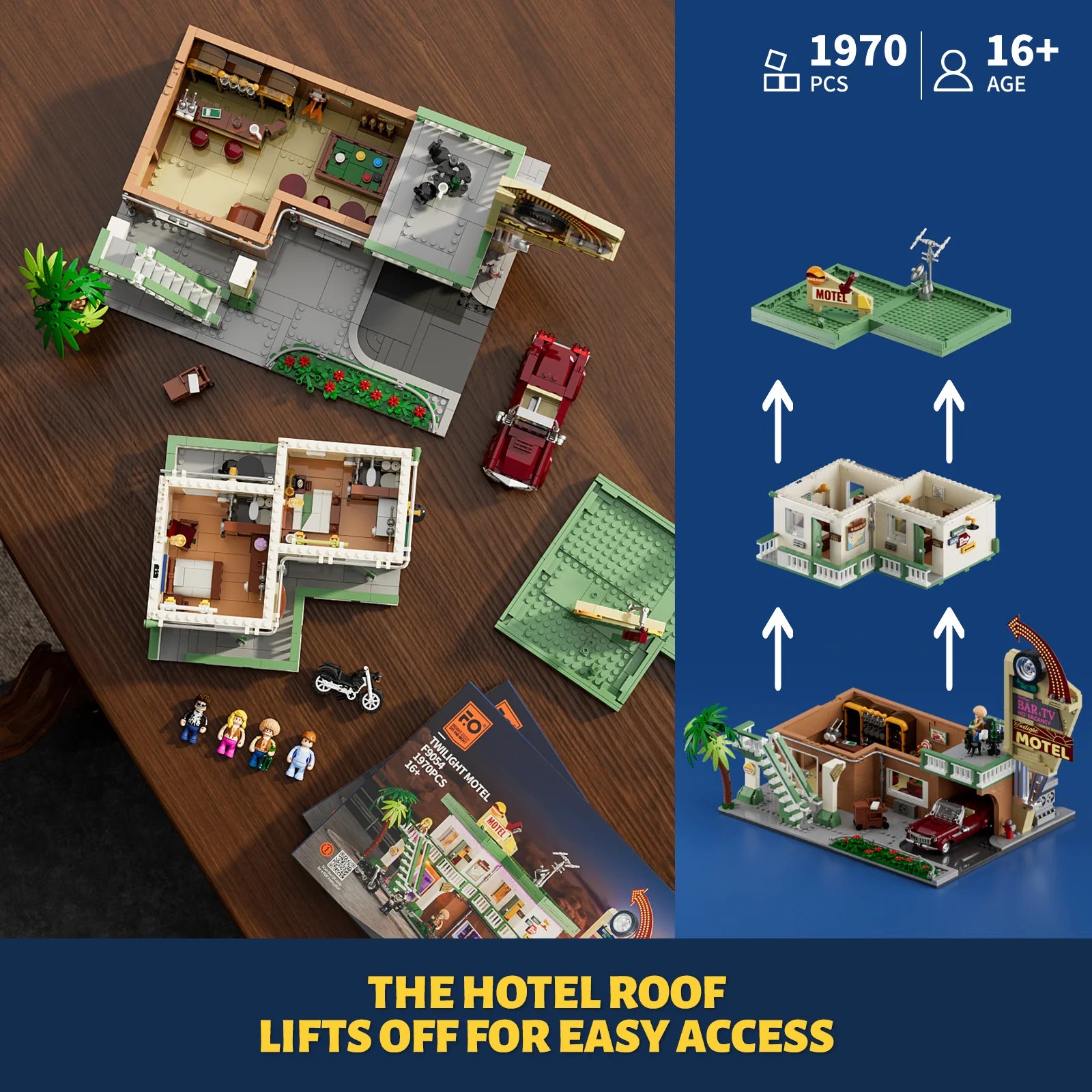 Lumibricks (Formerly Funwhole) F9054 Twilight Motel modular set with removable roof, 1970 pieces, minifigures, and vehicle accessories
