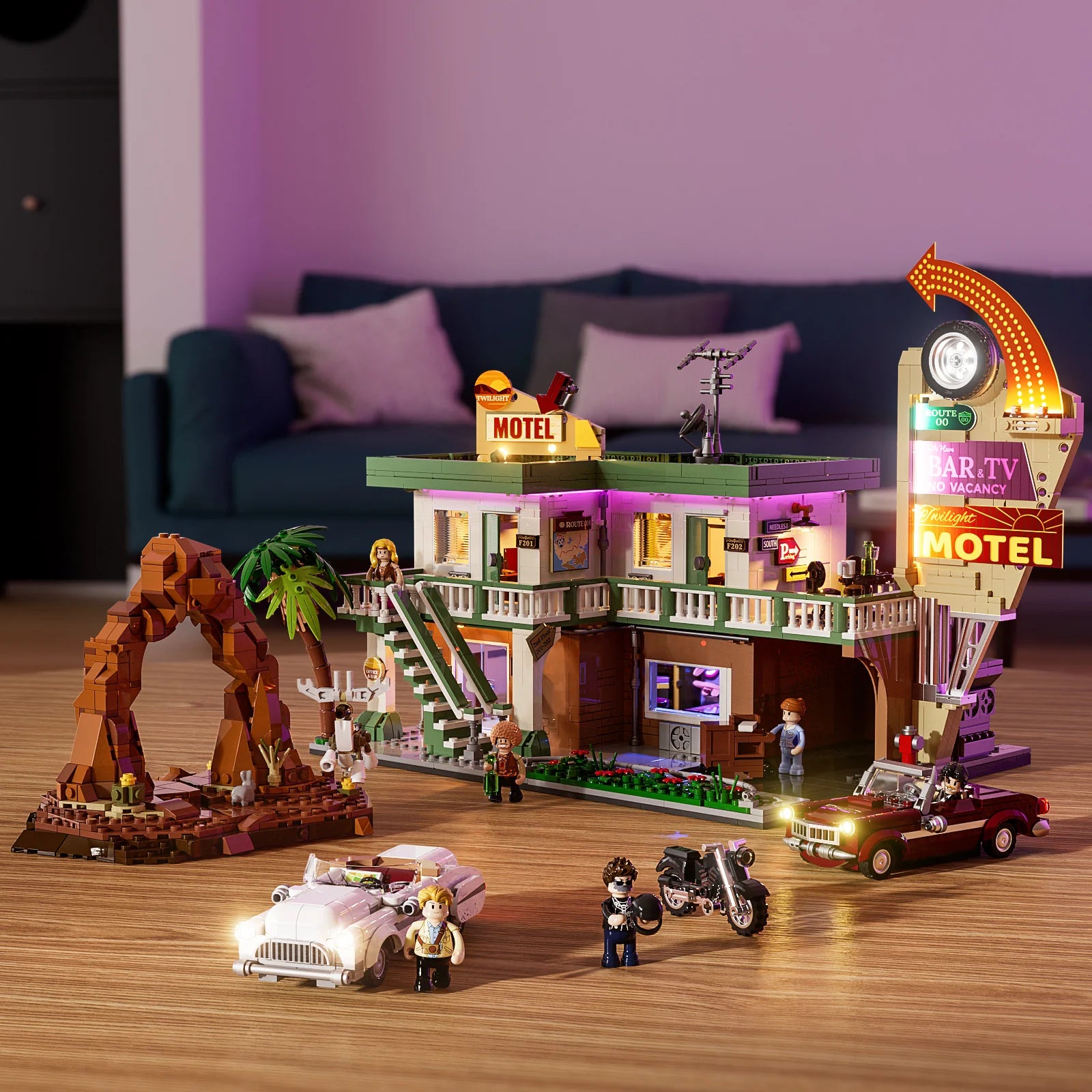 Lumibricks (Formerly Funwhole) F9054 Twilight Motel modular building with LED lights, retro cars, minifigures, and neon motel sign