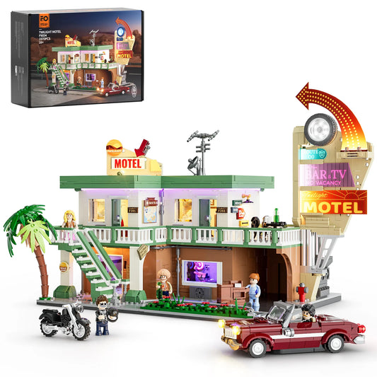 Lumibricks (Formerly Funwhole) F9054 Twilight Motel set with box, modular building, retro cars, minifigures, and neon motel sign
