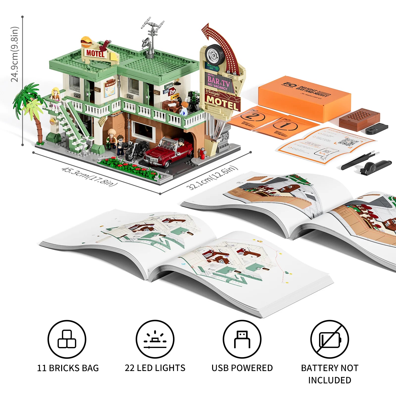 Lumibricks (Formerly Funwhole) F9054 Twilight Motel set with box, 11 brick bags, 22 LED lights, USB kit, and illustrated instructions