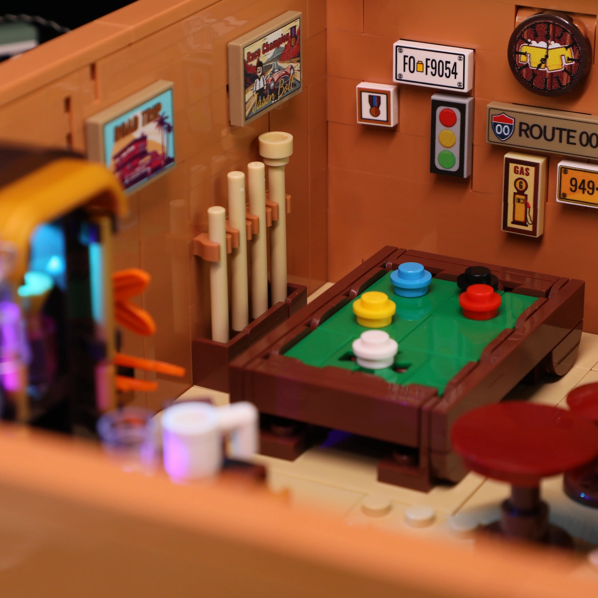 Lumibricks (Formerly Funwhole) F9054 Twilight Motel interior with pool table, wall art, and bar counter in vintage American style