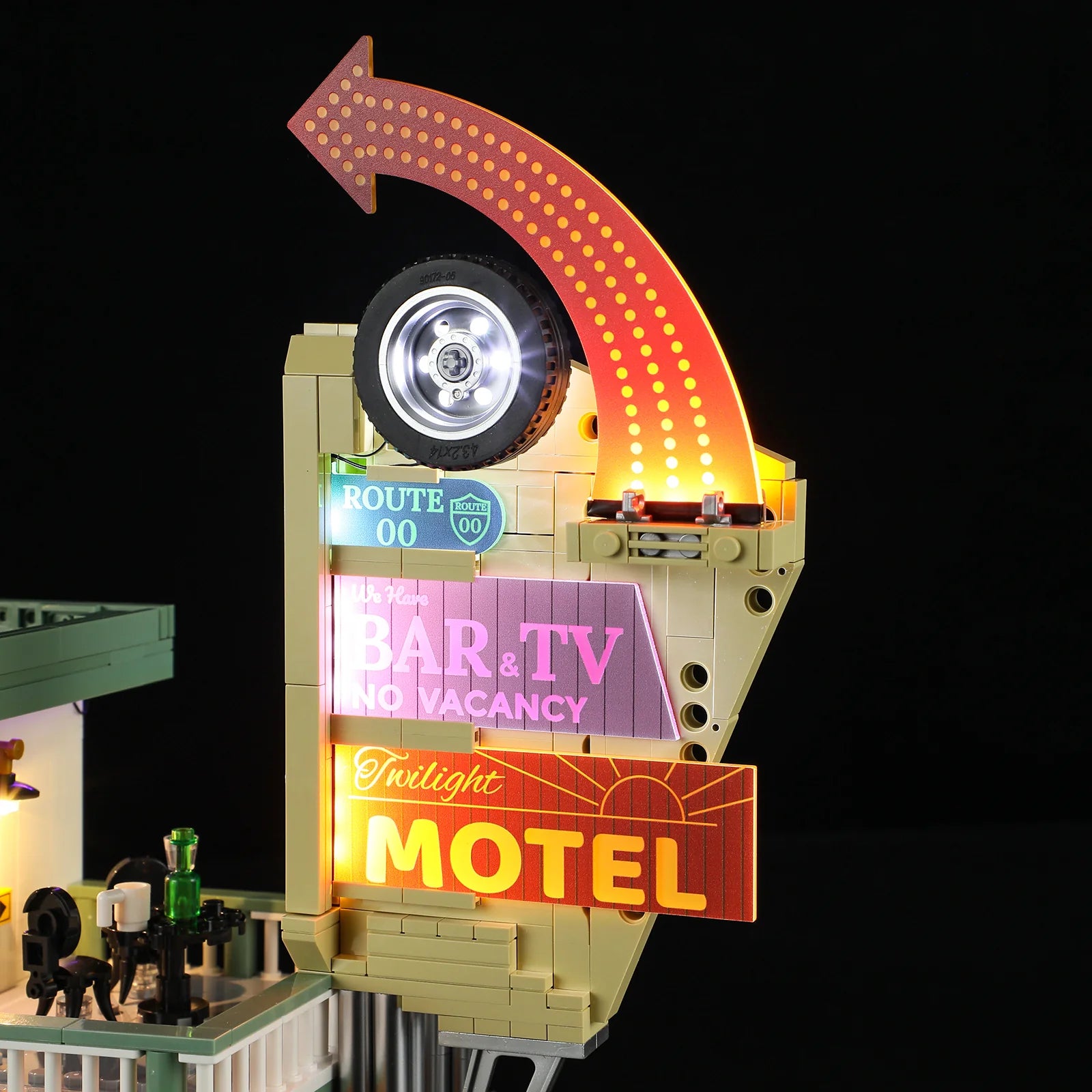 Lumibricks (Formerly Funwhole) F9054 Twilight Motel retro LED sign with arrow, Route 00 badge, and glowing “MOTEL” lettering