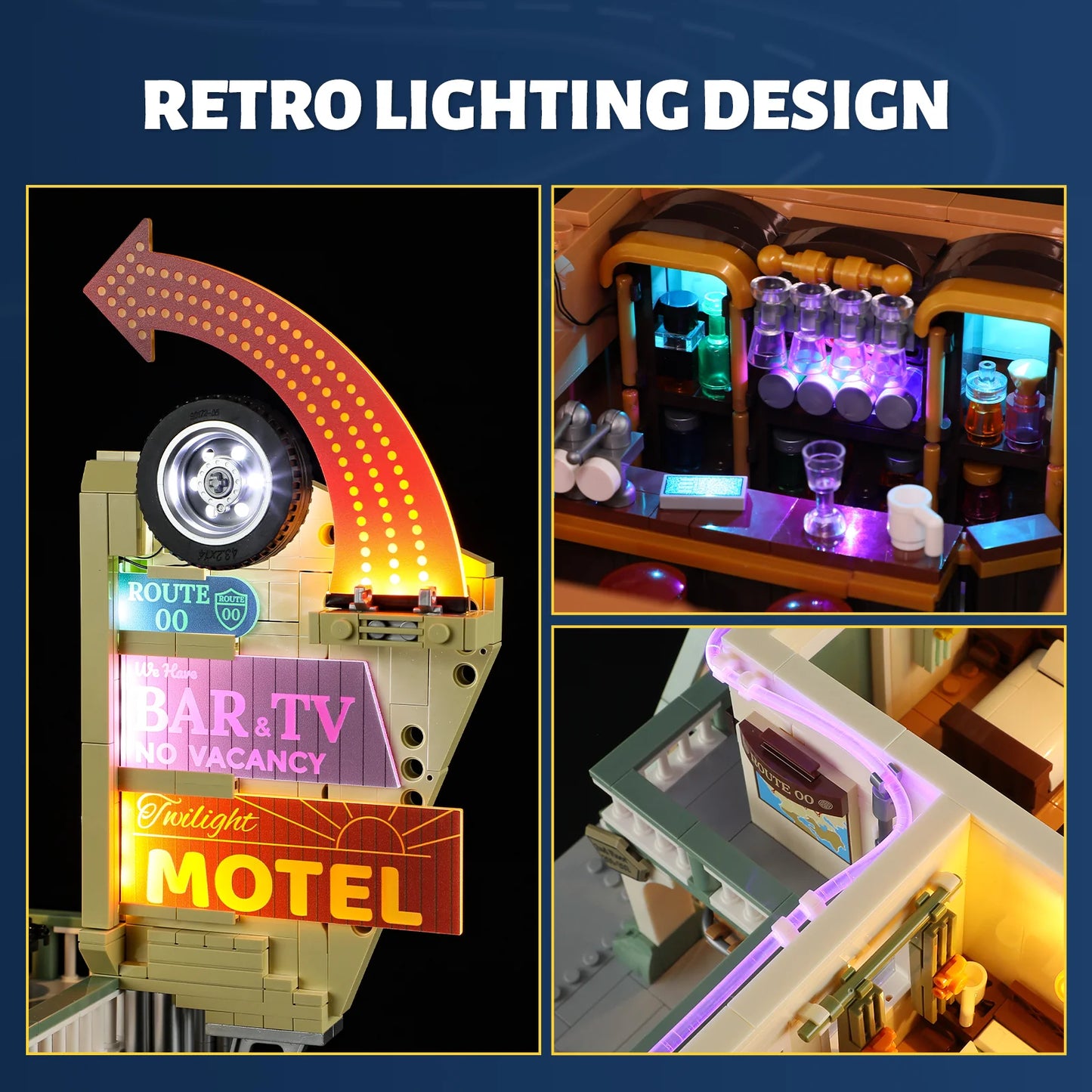 Lumibricks (Formerly Funwhole) F9054 Twilight Motel close-ups of retro LED sign, illuminated bar counter, and neon-lit motel interior