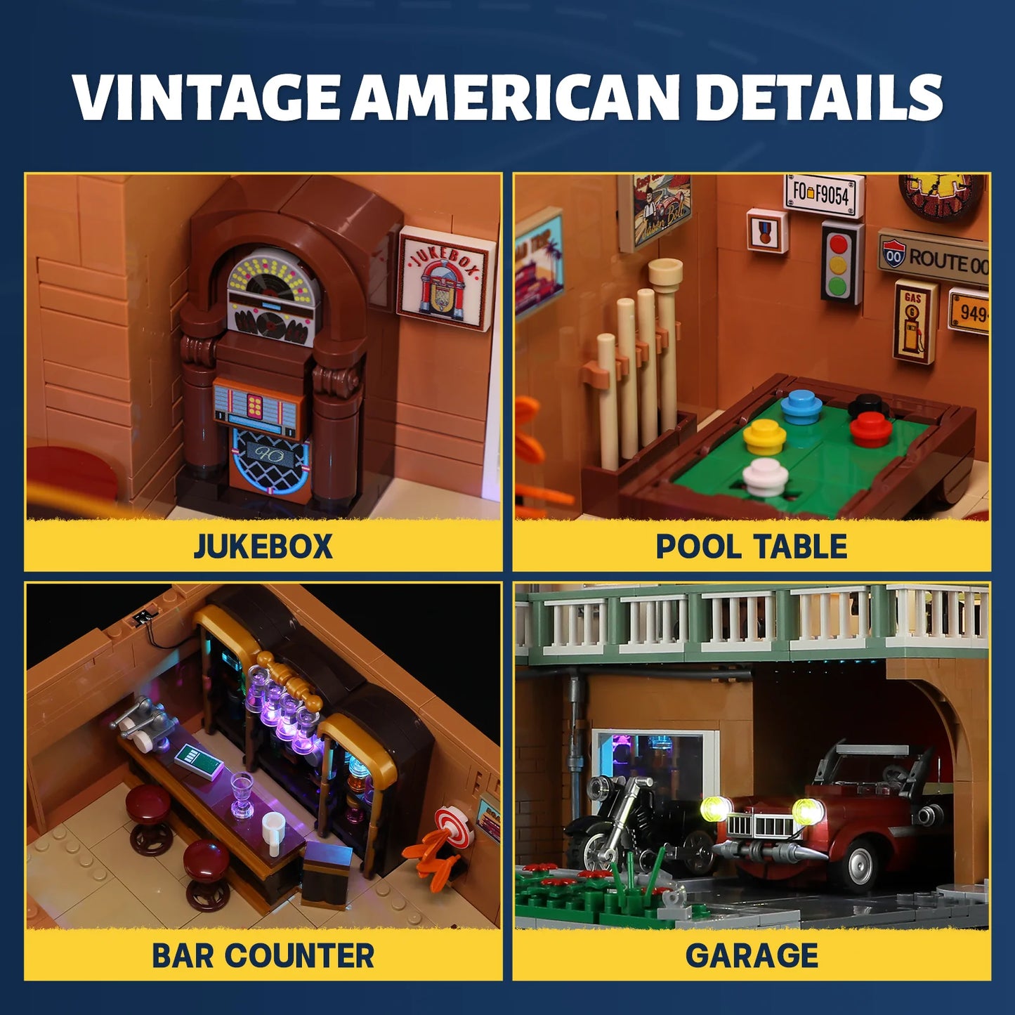 Lumibricks (Formerly Funwhole) F9054 Twilight Motel interior details: jukebox, pool table, bar counter, and garage with car and motorcycle