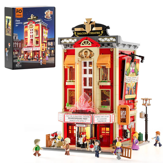 Lumibricks (Formerly Funwhole) F9056 Balcony Theatre modular building and box, with marquee, minifigures, and vintage cinema details