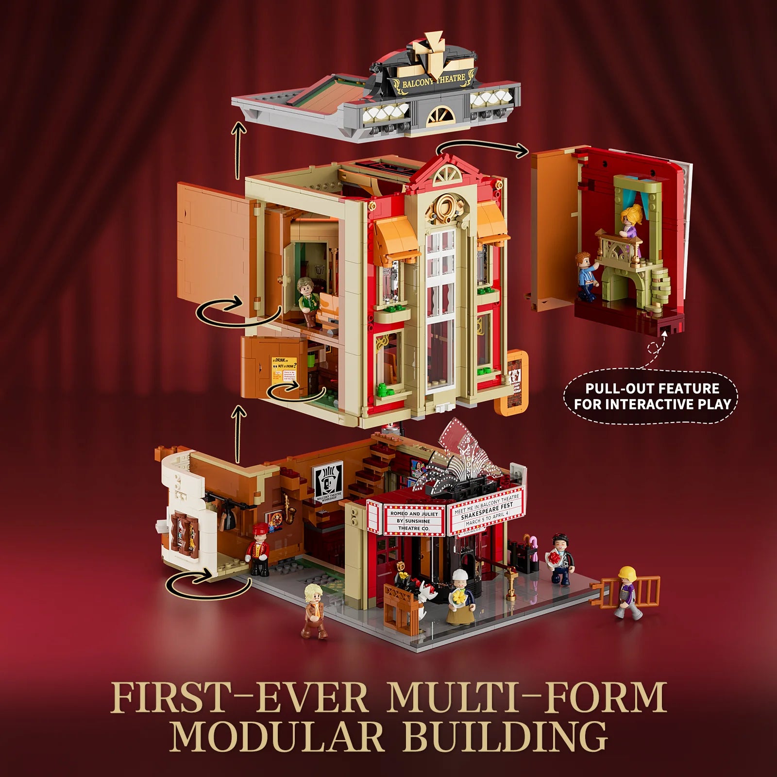 Lumibricks (Formerly Funwhole) F9056 Balcony Theatre exploded modular view with pull-out interactive play features and multi-form design