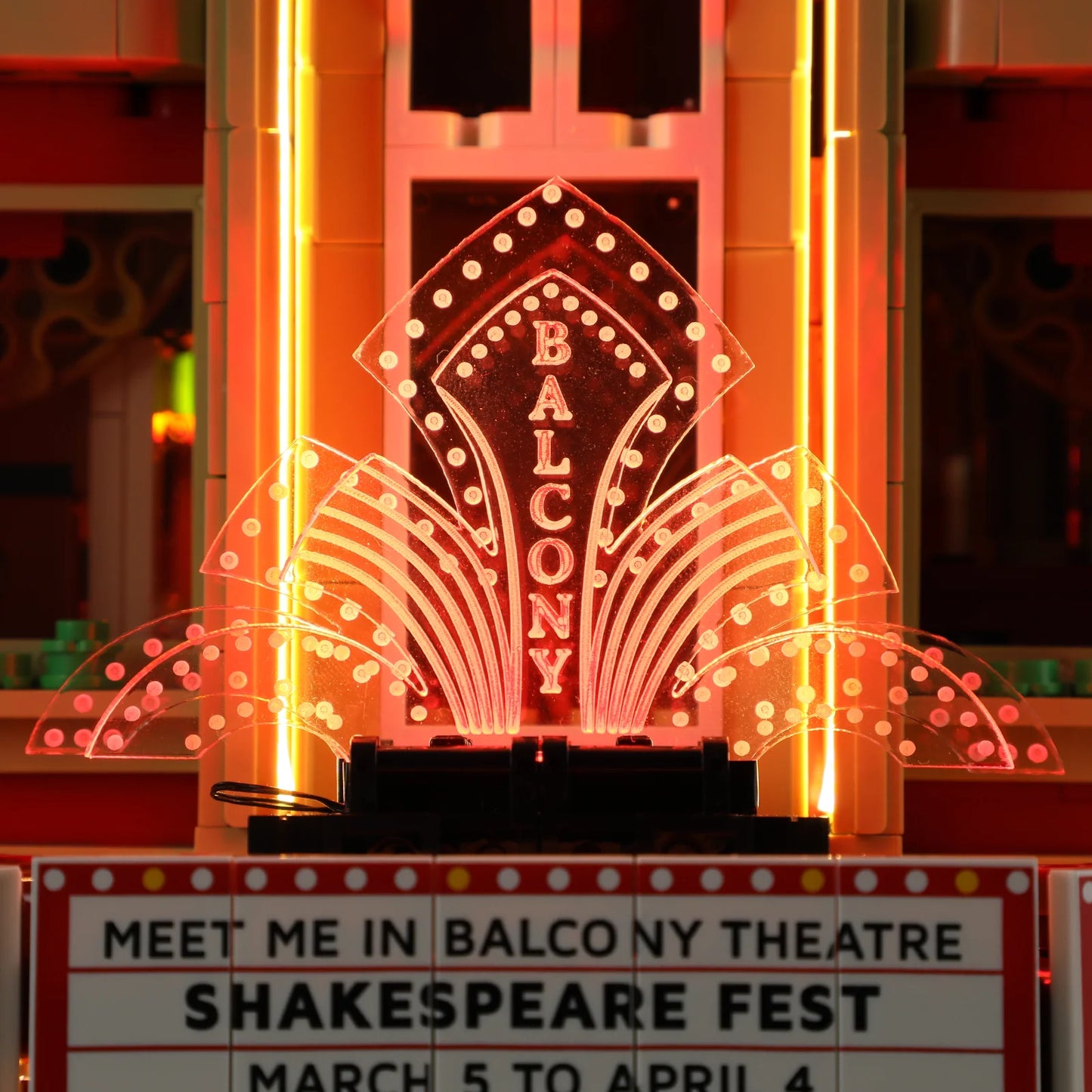 Lumibricks (Formerly Funwhole) F9056 Balcony Theatre close-up of illuminated “Balcony” sign and vintage marquee details