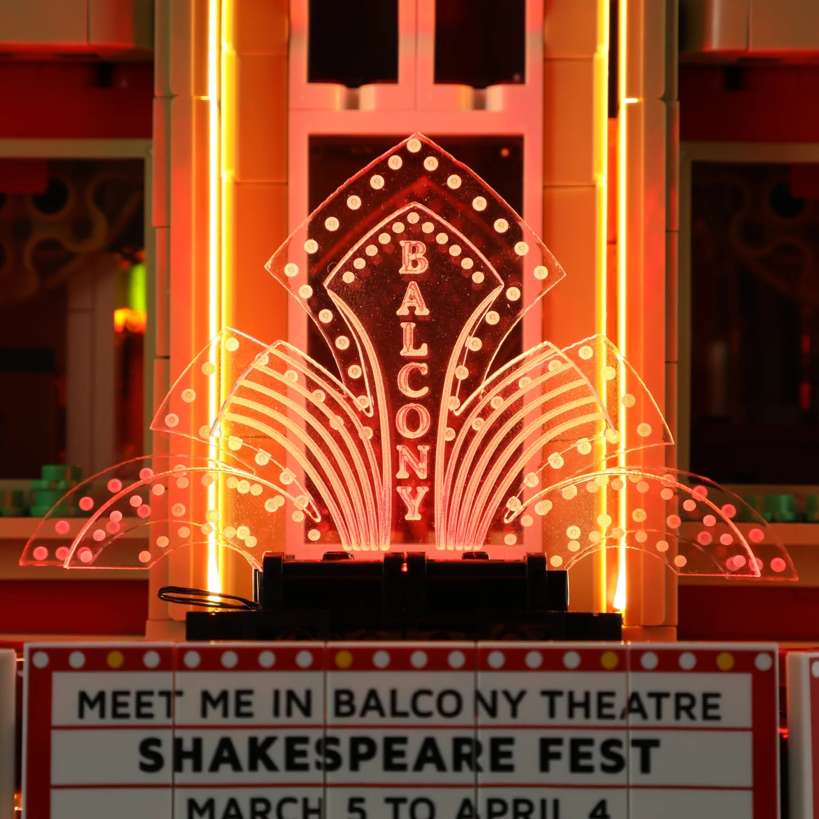 Lumibricks (Formerly Funwhole) F9056 Balcony Theatre close-up of illuminated “Balcony” sign and vintage marquee details