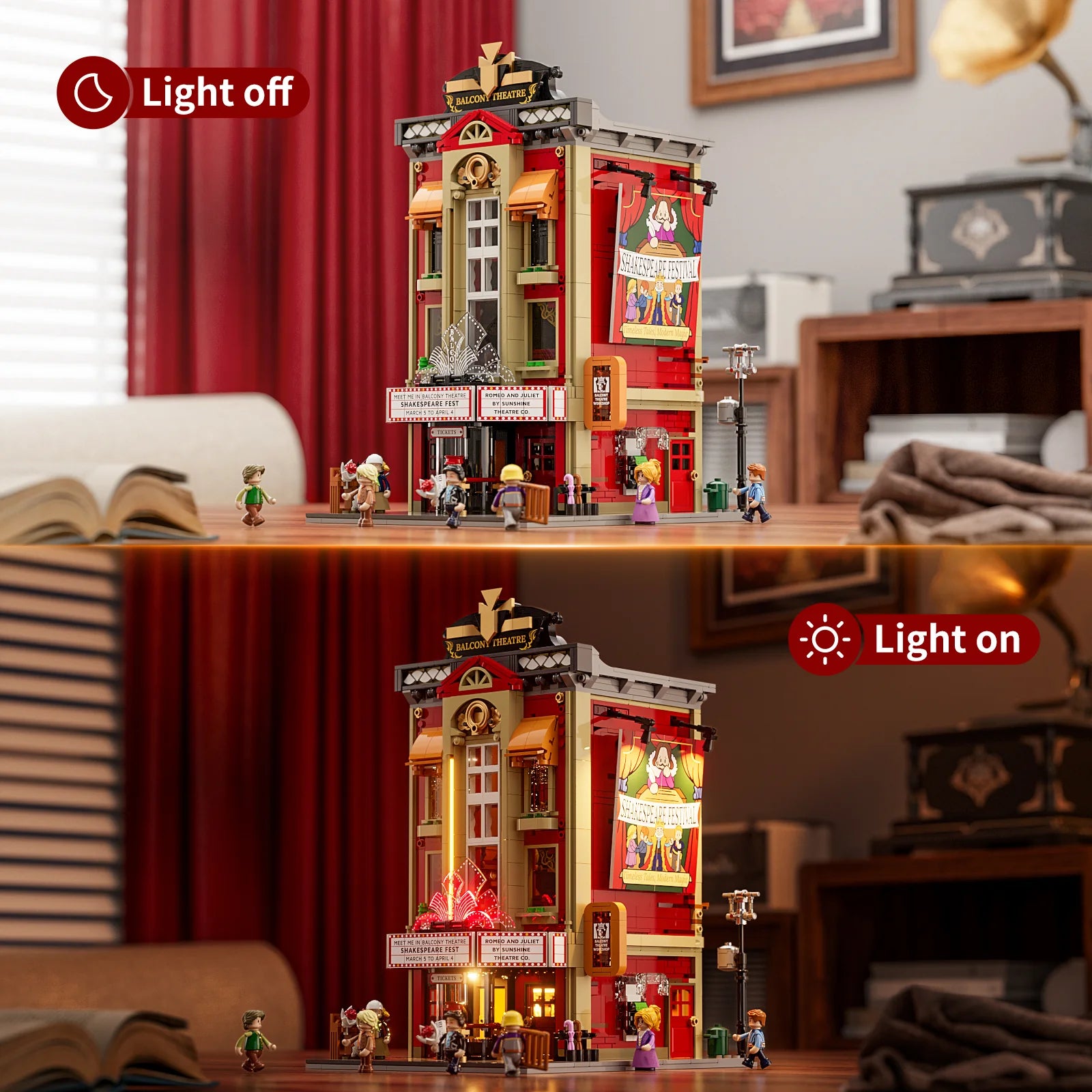 Lumibricks (Formerly Funwhole) F9056 Balcony Theatre modular building with LED lights, shown with lights off and on for dramatic display