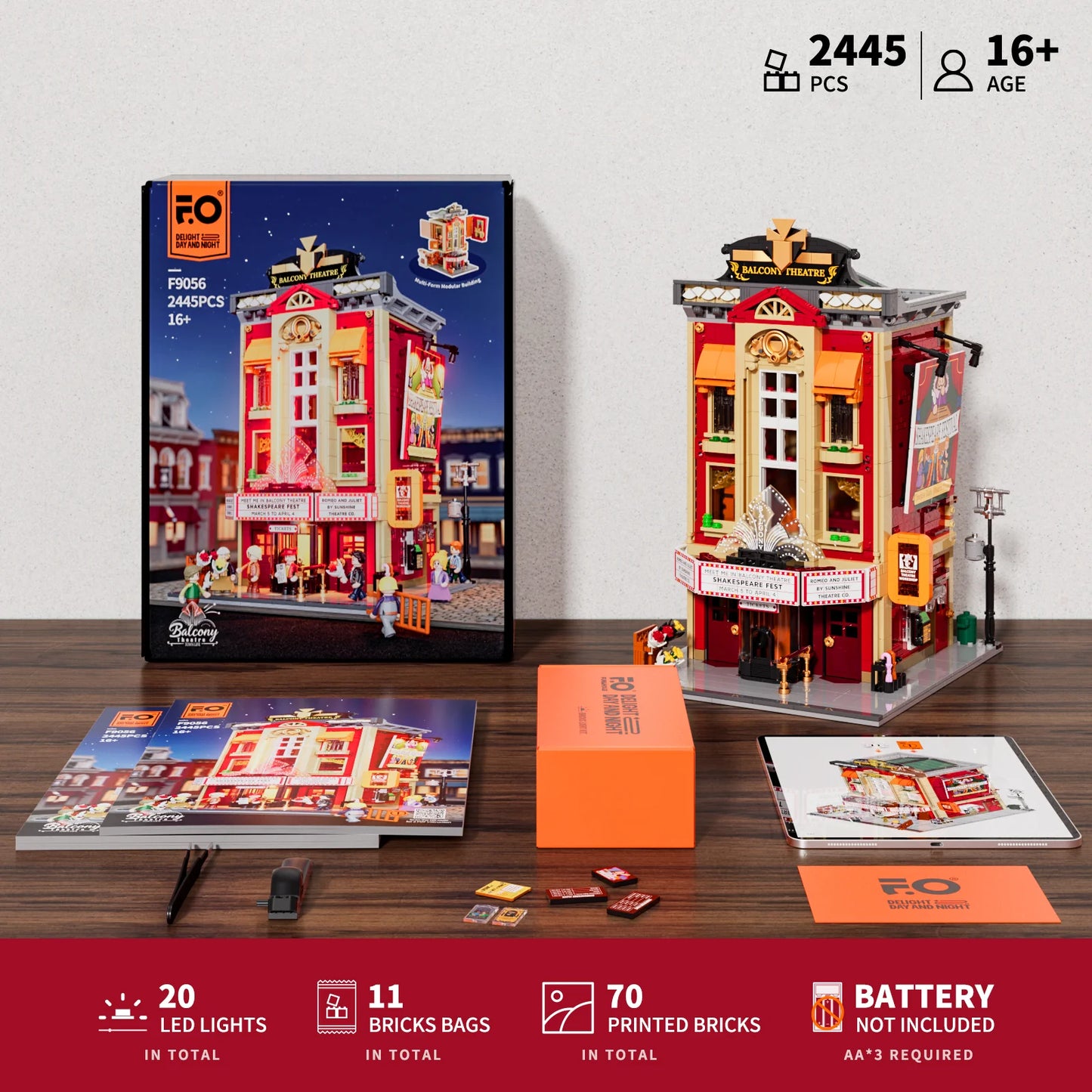 Lumibricks (Formerly Funwhole) F9056 Balcony Theatre box, assembled set, 20 LED lights, 11 brick bags, 70 printed bricks, and instructions